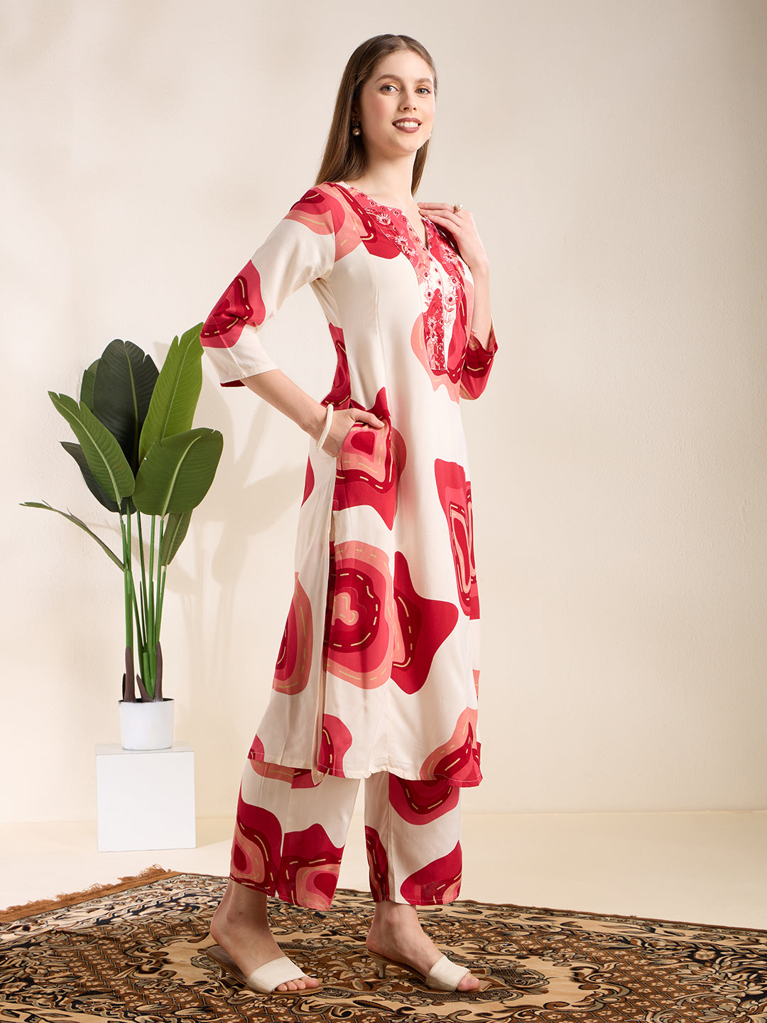 Abstract Floral Printed Embroidered A-Line Co-ord Set - White