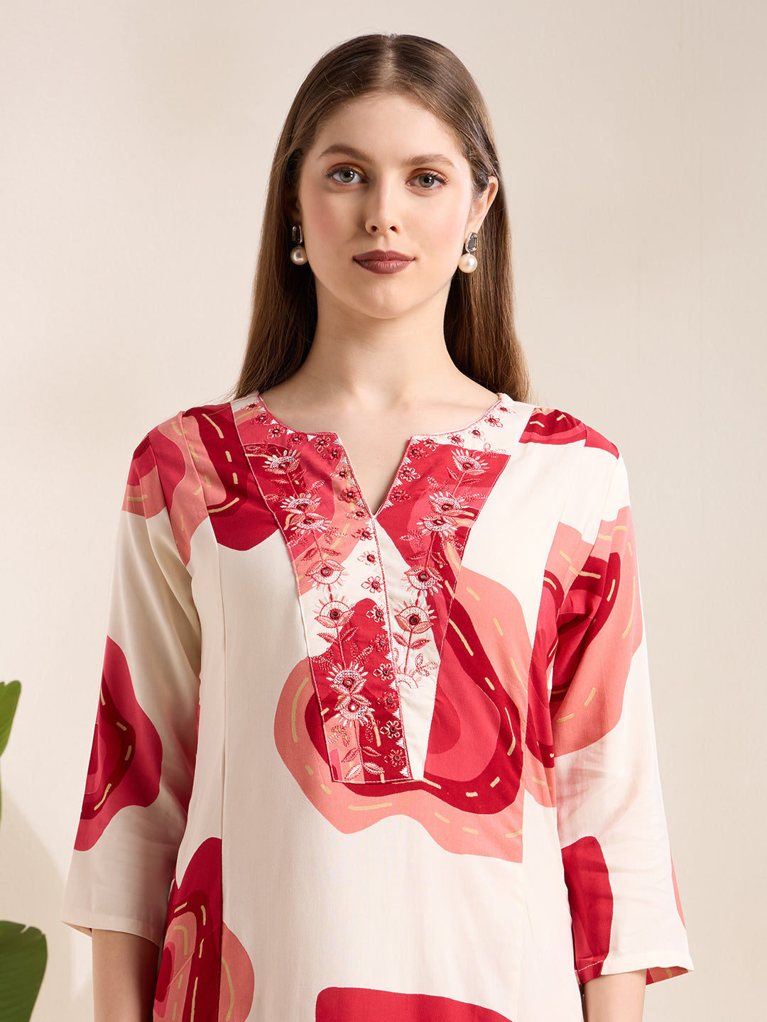 Abstract Floral Printed Embroidered A-Line Co-ord Set - White