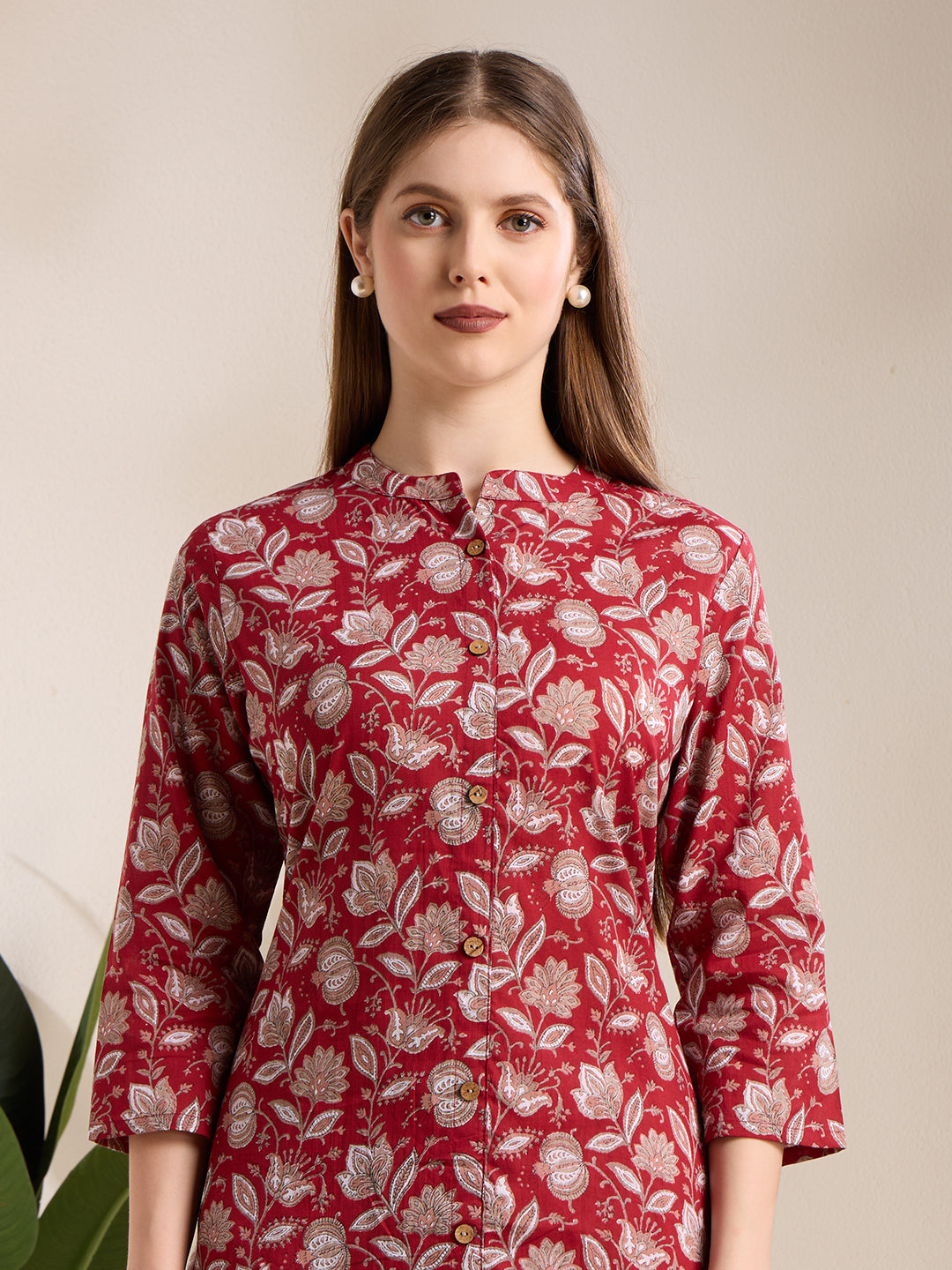 Ethnic Floral Printed A-Line Co-ord Set - Maroon