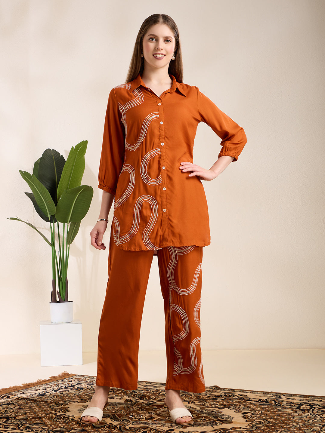 Solid Abstract Embroidered Straight Fit Co-ord Set - Rust