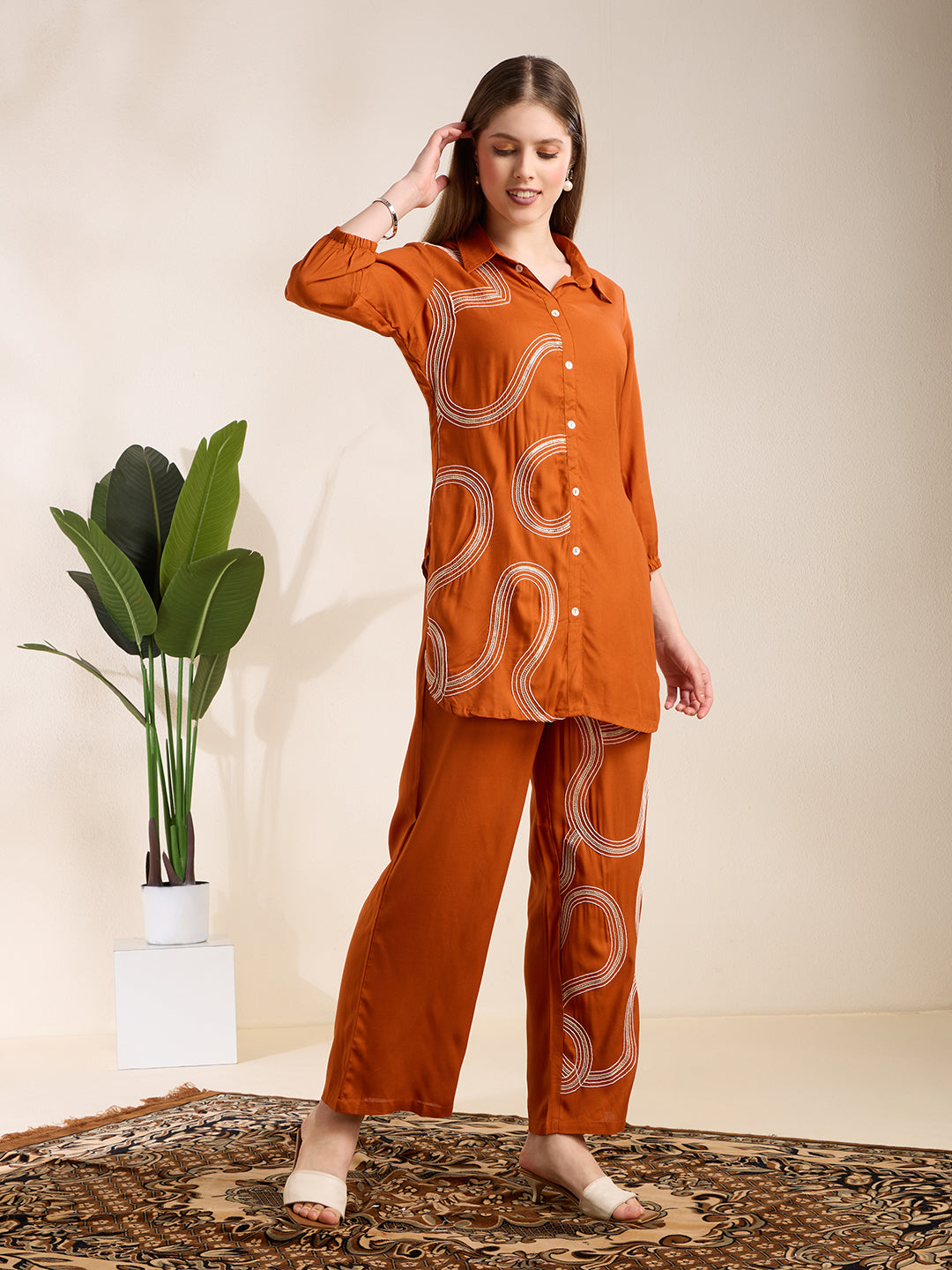 Solid Abstract Embroidered Straight Fit Co-ord Set - Rust