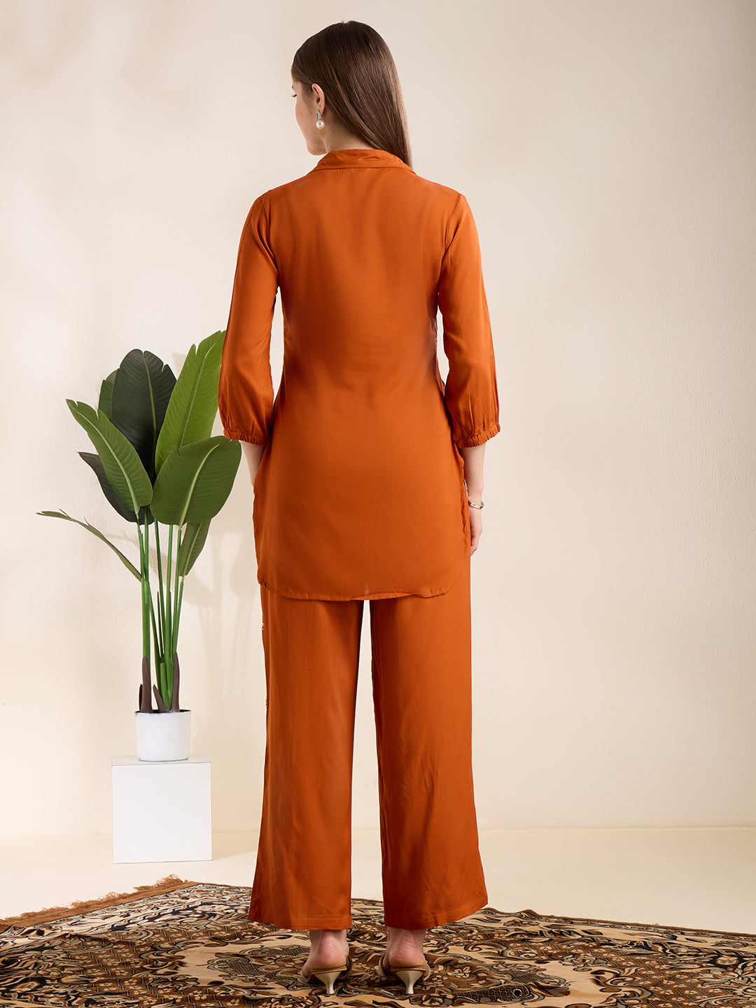 Solid Abstract Embroidered Straight Fit Co-ord Set - Rust