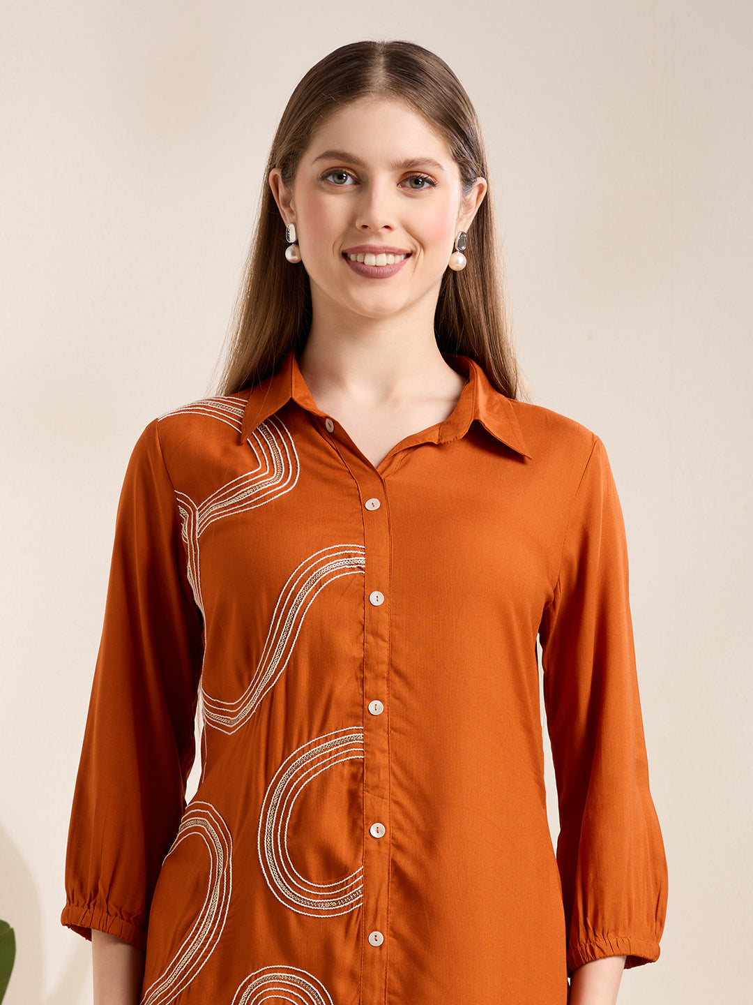 Solid Abstract Embroidered Straight Fit Co-ord Set - Rust