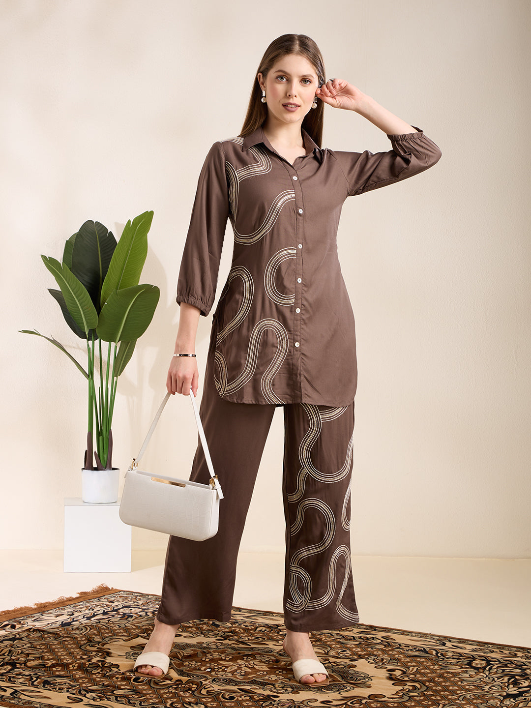 Solid Abstract Embroidered Straight Fit Co-ord Set - Charcoal