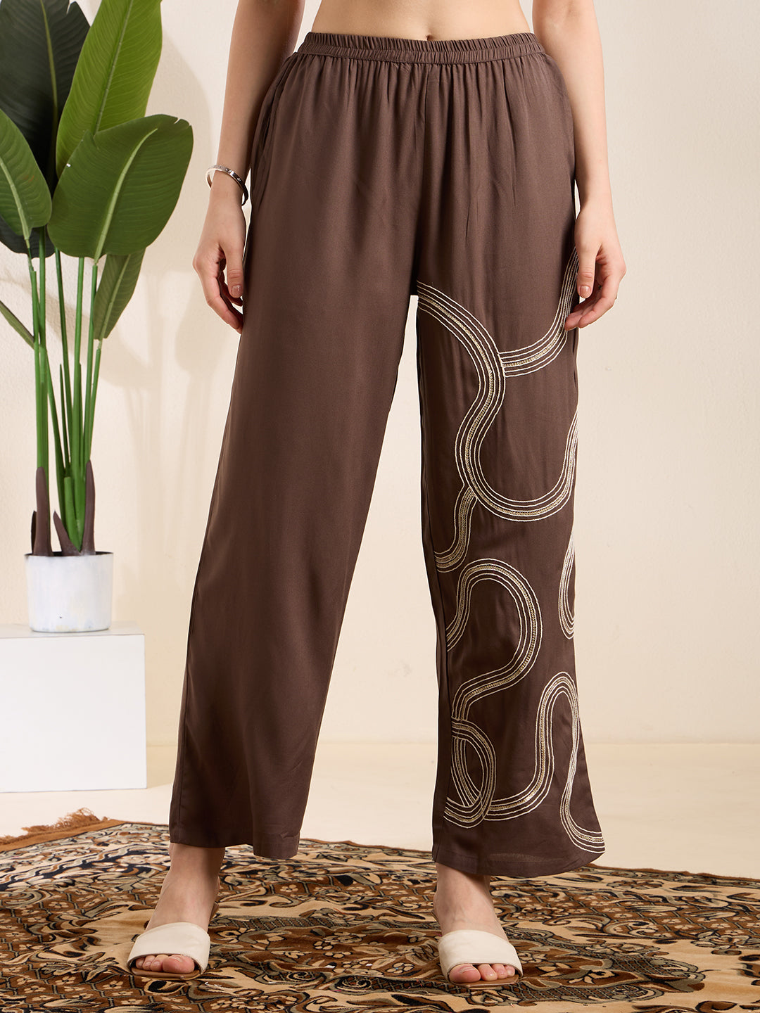 Solid Abstract Embroidered Straight Fit Co-ord Set - Charcoal