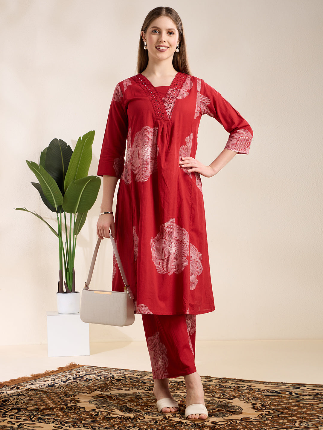 Abstarct Printed & Embroidered A-Line Kurta with Palazzo - Red