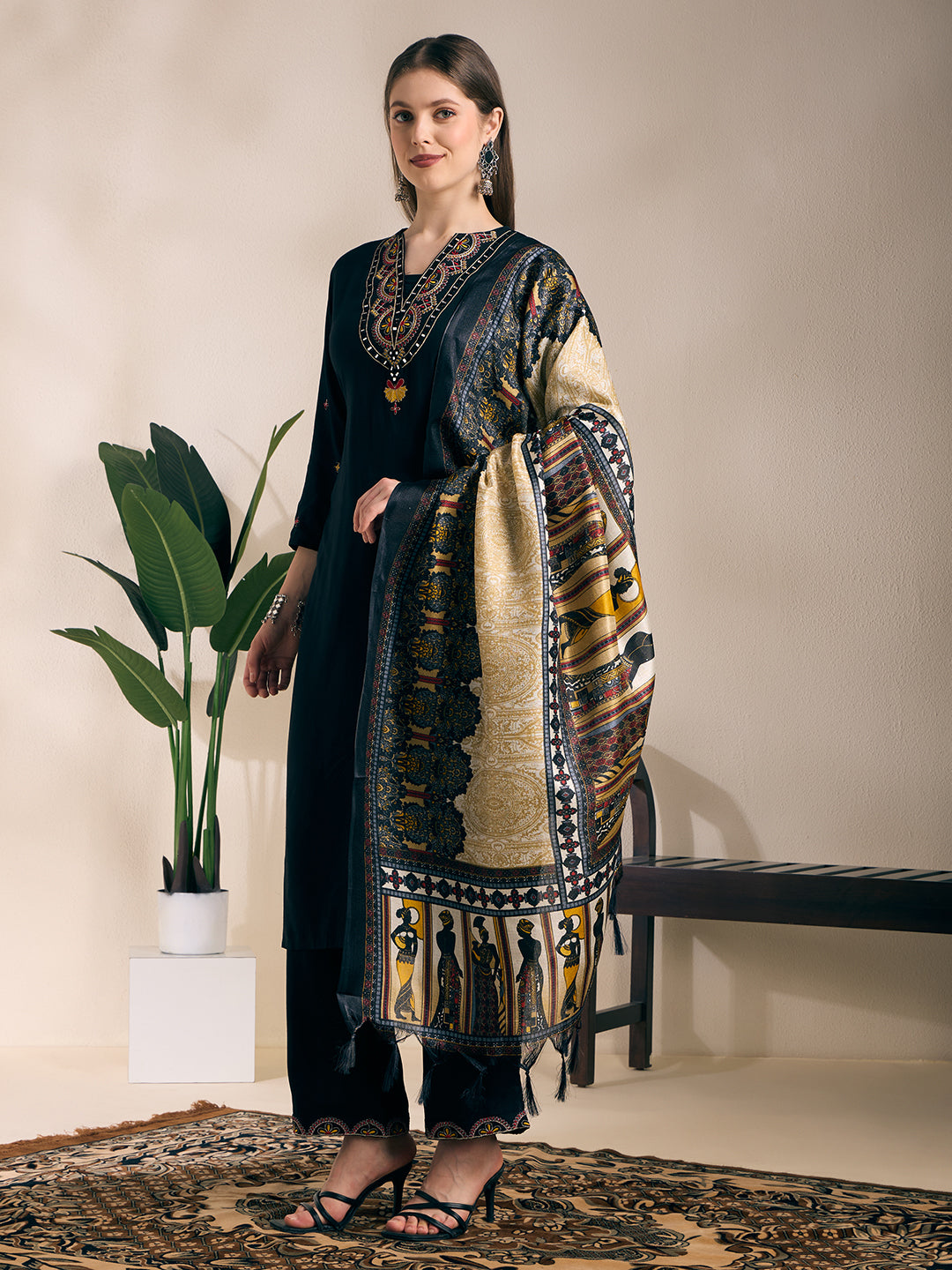 Solid Mirror Embroidered Straight Kurta with Palazzo and Dupatta - Black