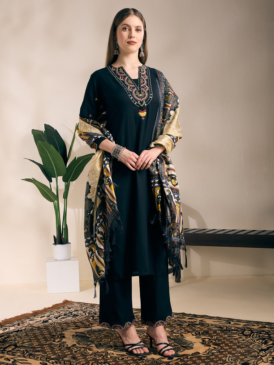 Solid Mirror Embroidered Straight Kurta with Palazzo and Dupatta - Black