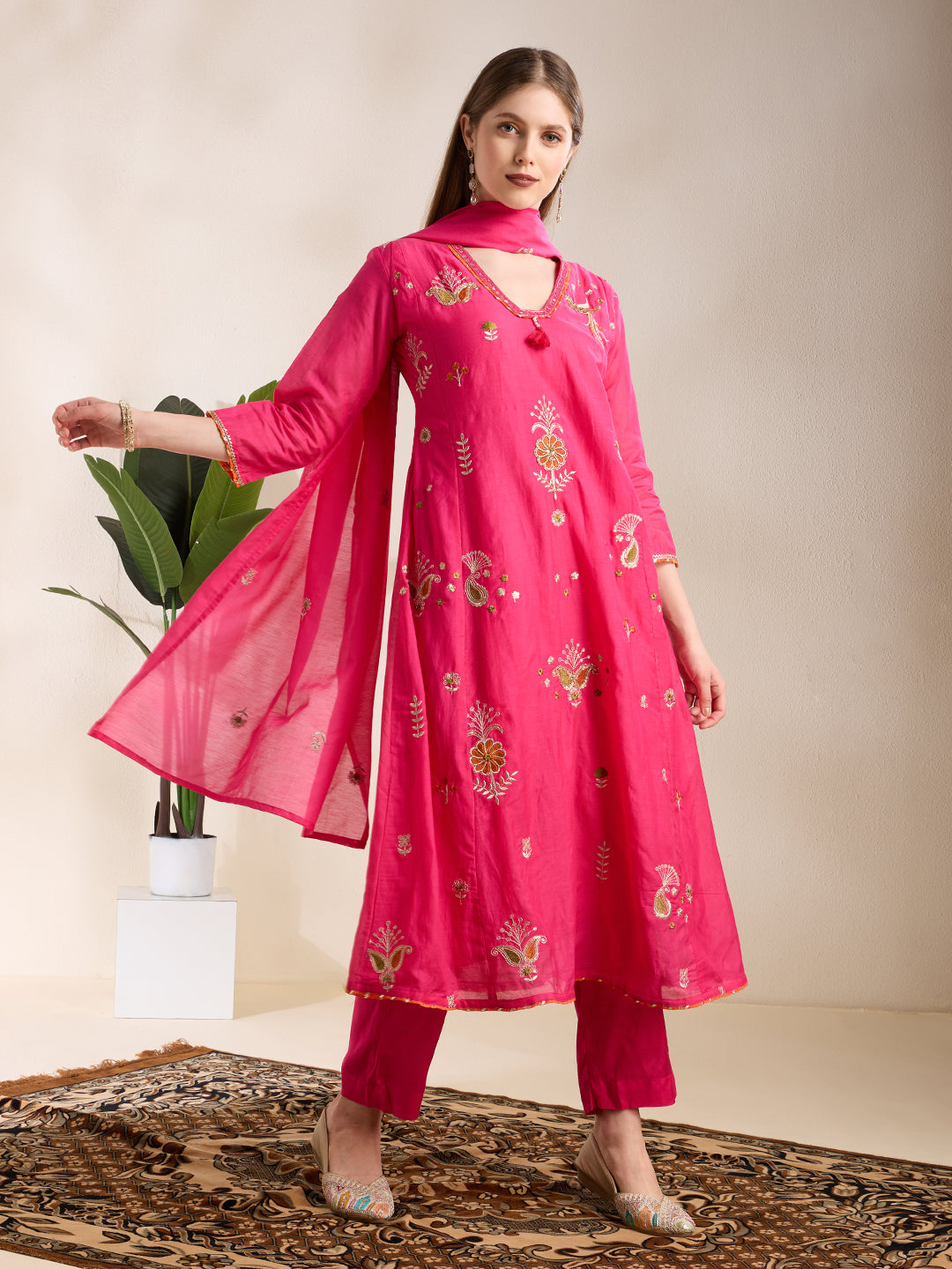 Festive Paisley Embroidered A-Line Kurta with Pant & Dupatta - Pink