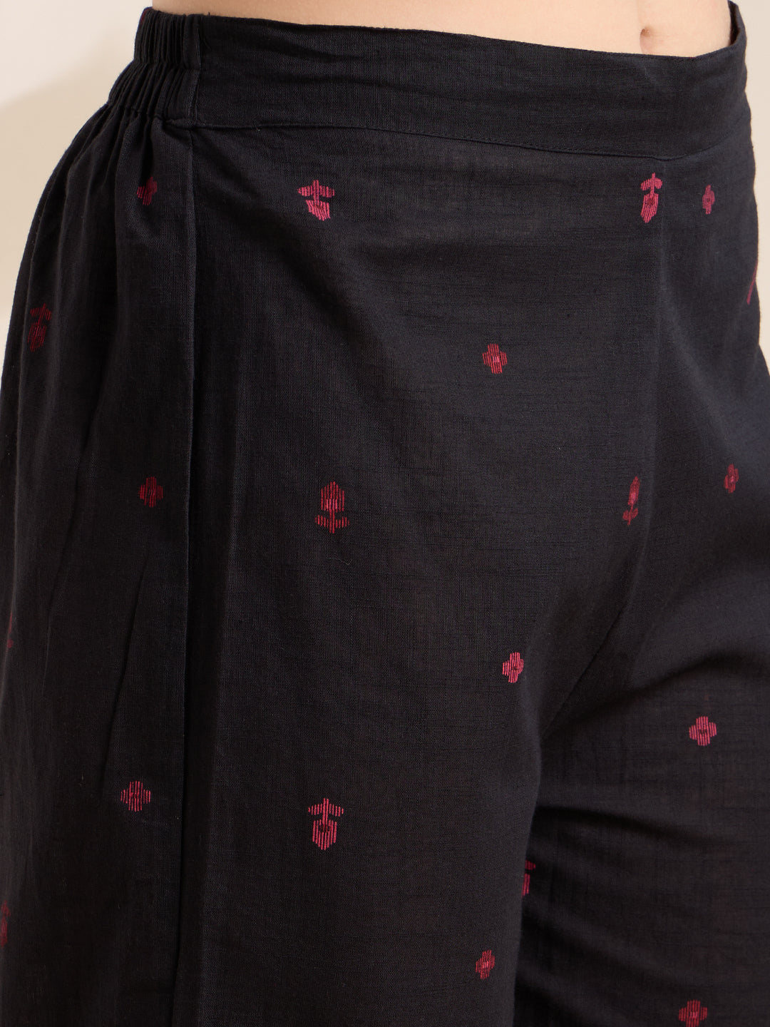 Solid Floral Embroidered A-Line Pleated Kurta with Palazzo & Dupatta - Black