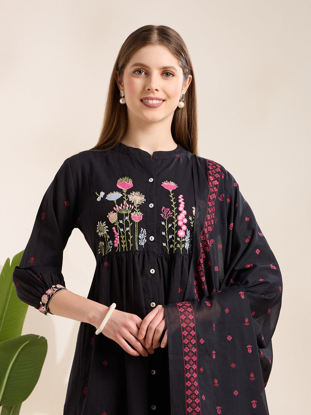 Solid Floral Embroidered A-Line Pleated Kurta with Palazzo & Dupatta - Black
