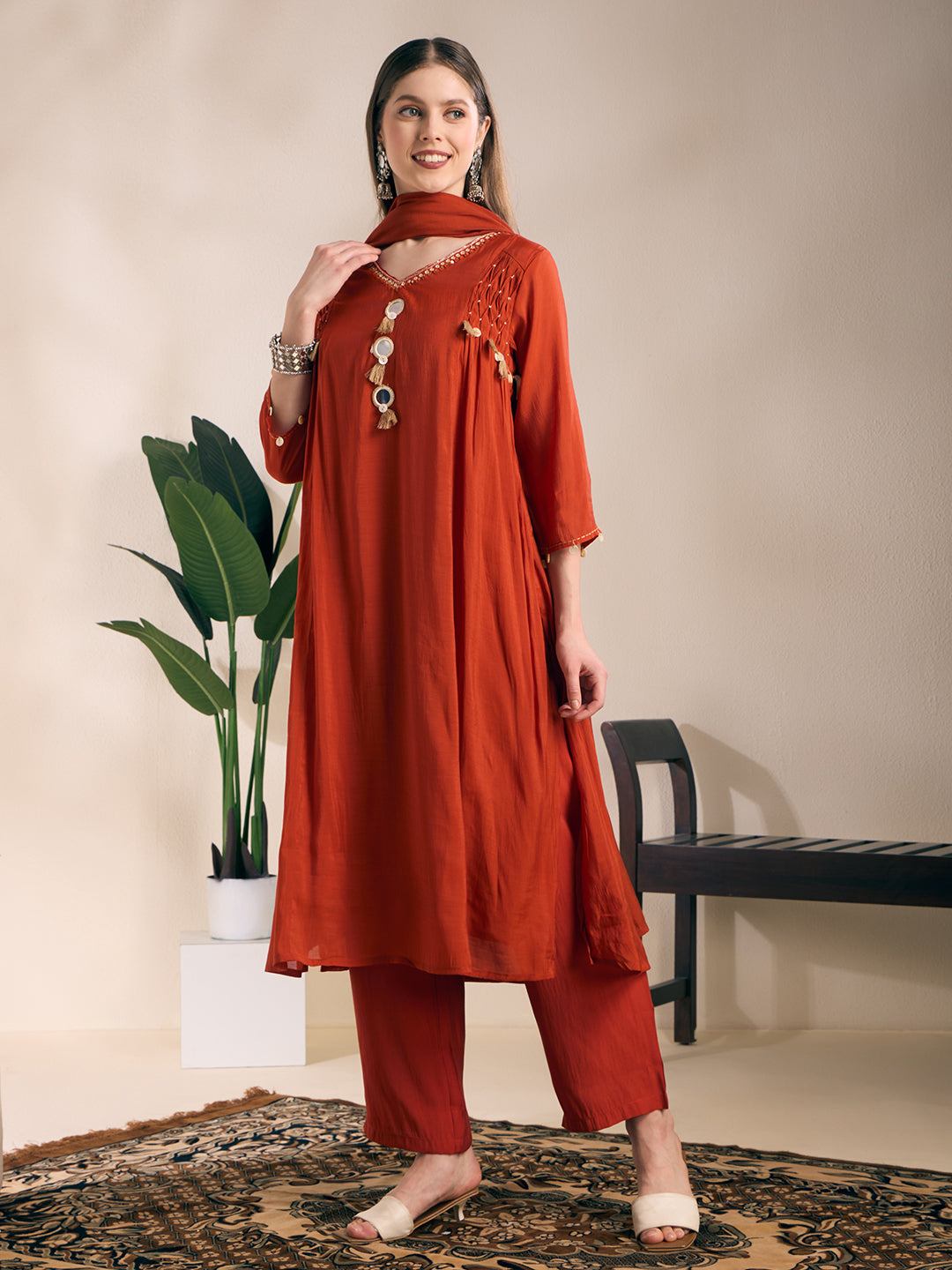 Solid Mirror Work A-Line Kurta with Palazzo with Winkled Dupatta - Rust