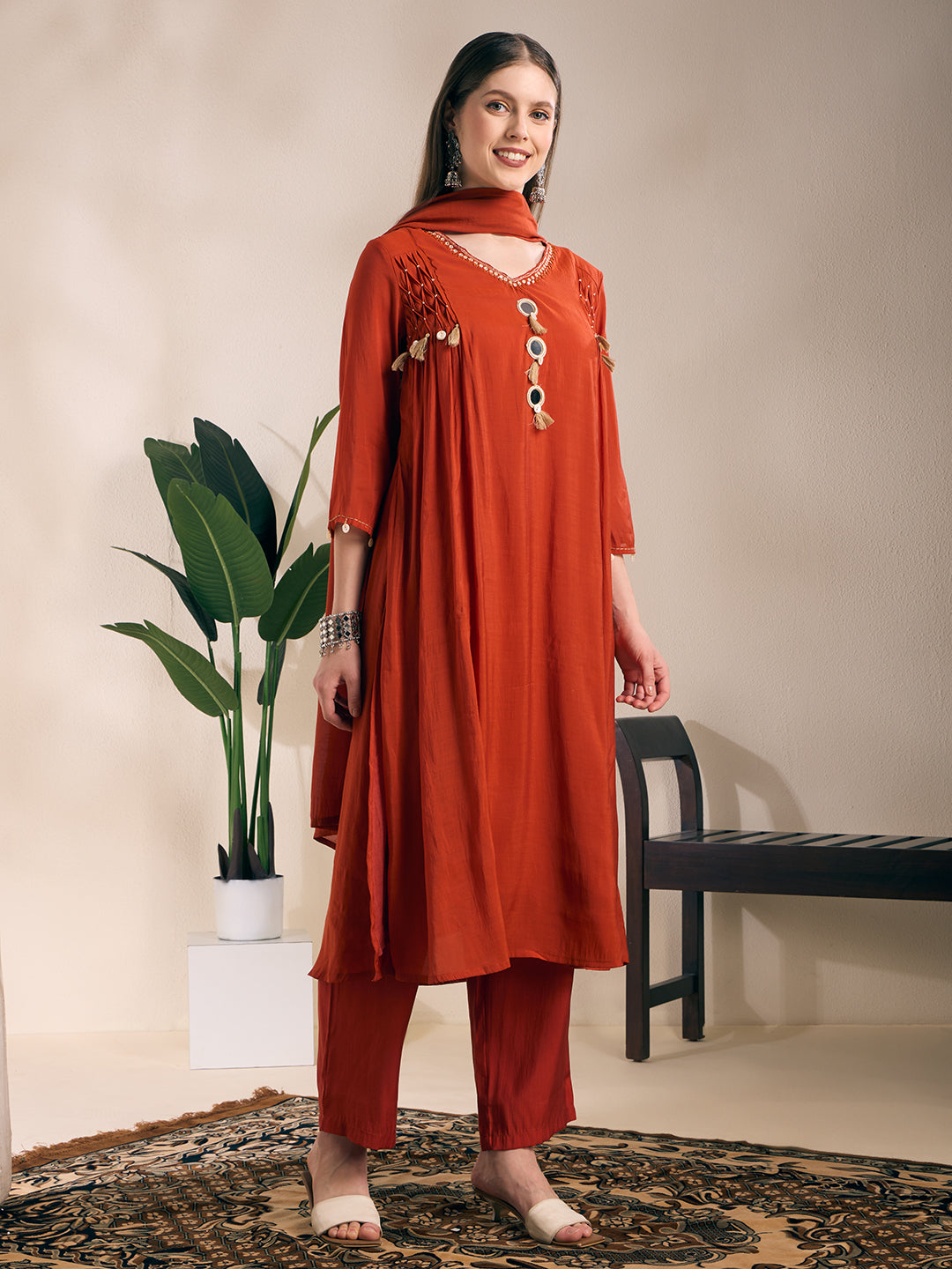 Solid Mirror Work A-Line Kurta with Palazzo with Winkled Dupatta - Rust