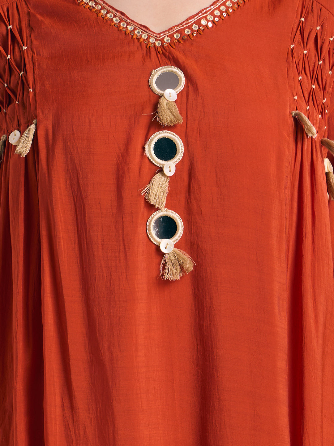 Solid Mirror Work A-Line Kurta with Palazzo with Winkled Dupatta - Rust