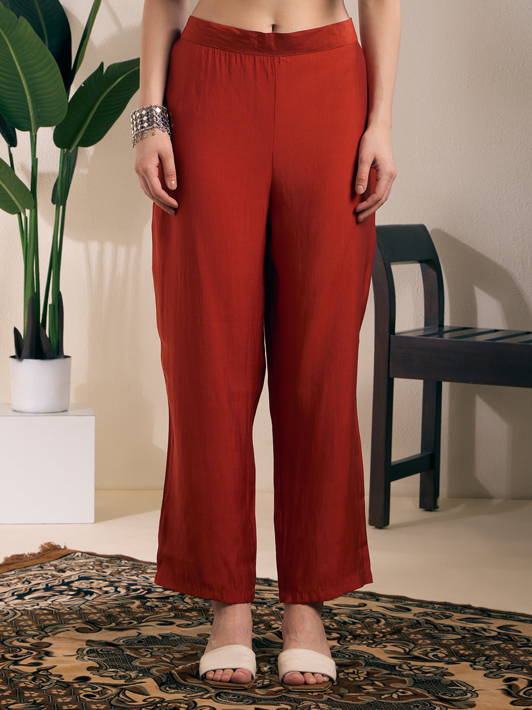 Solid Mirror Work A-Line Kurta with Palazzo with Winkled Dupatta - Rust