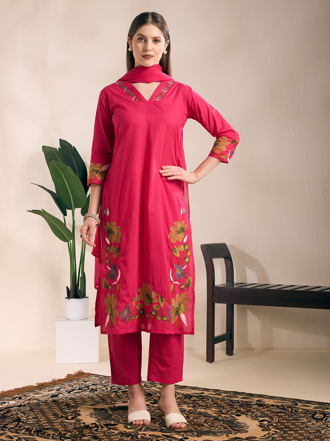 Solid Floral Embroidered Straight Kurta with Pant & Dupatta - Pink
