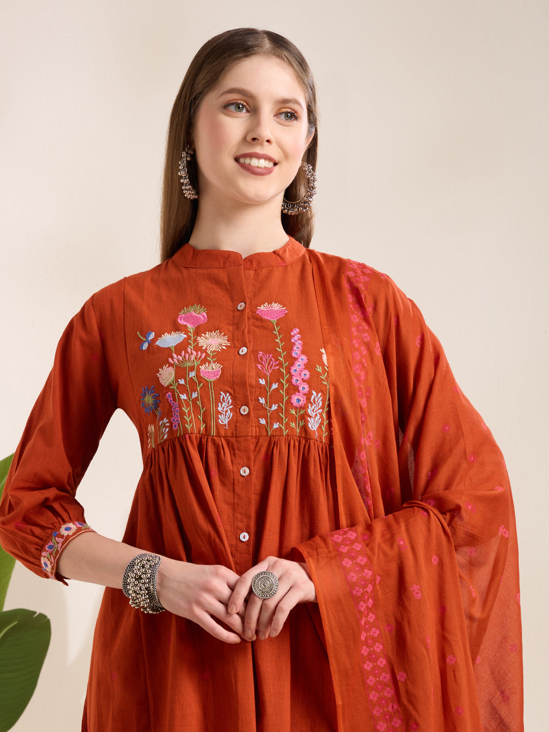 Solid Floral Embroidered A-Line Pleated Kurta with Palazzo & Dupatta - Rust