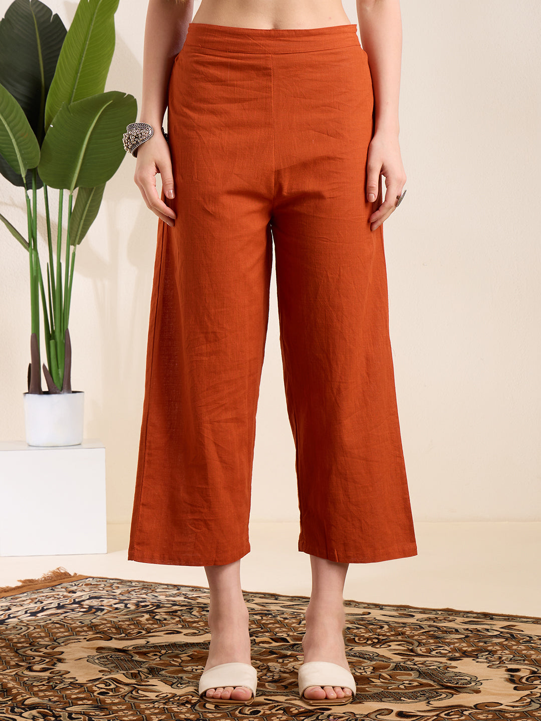 Solid Floral Embroidered A-Line Pleated Kurta with Palazzo & Dupatta - Rust