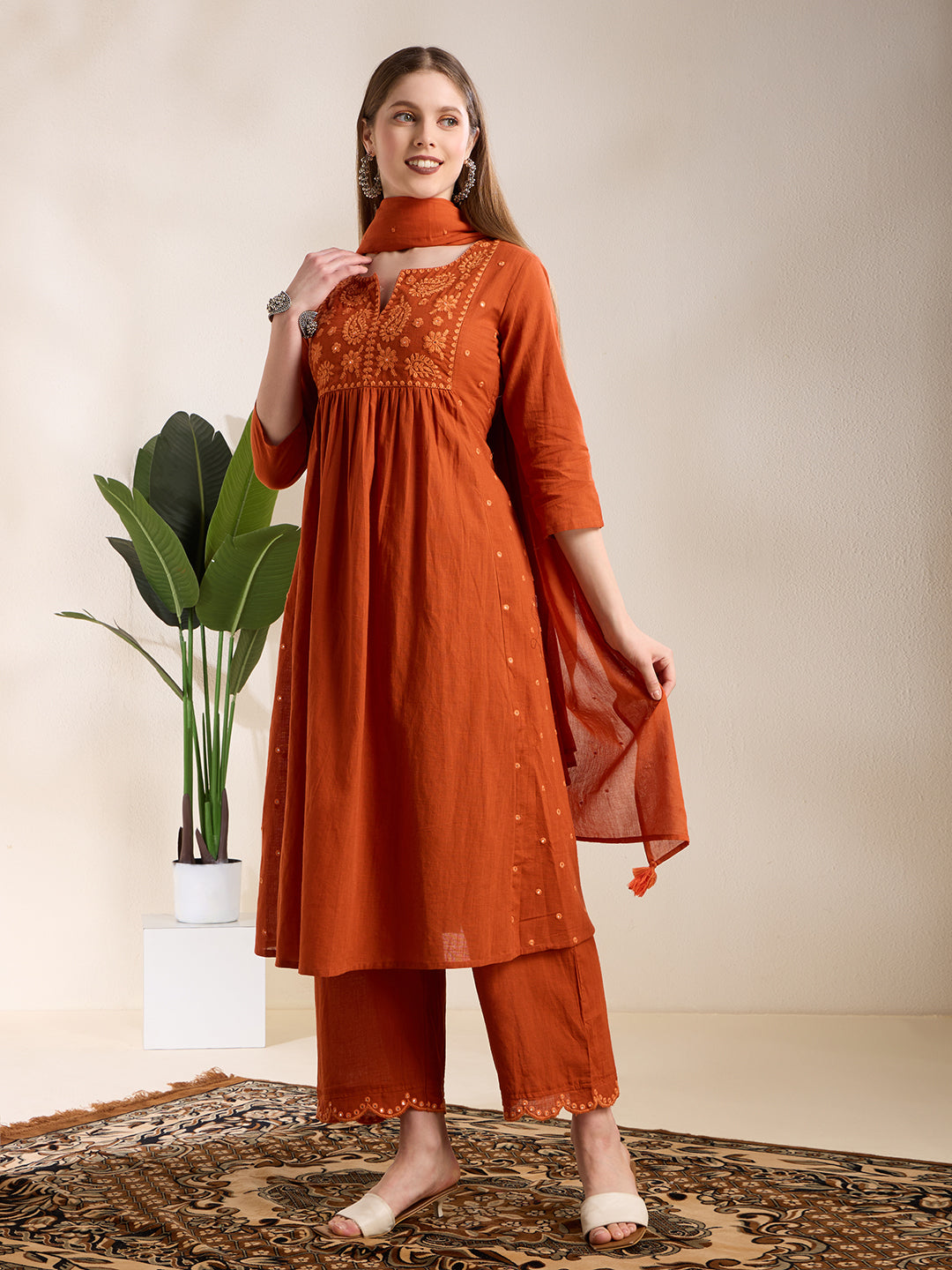 Solid Floral Embroidered A-Line Pleated Kurta with Palazzo & Dupatta - Rust