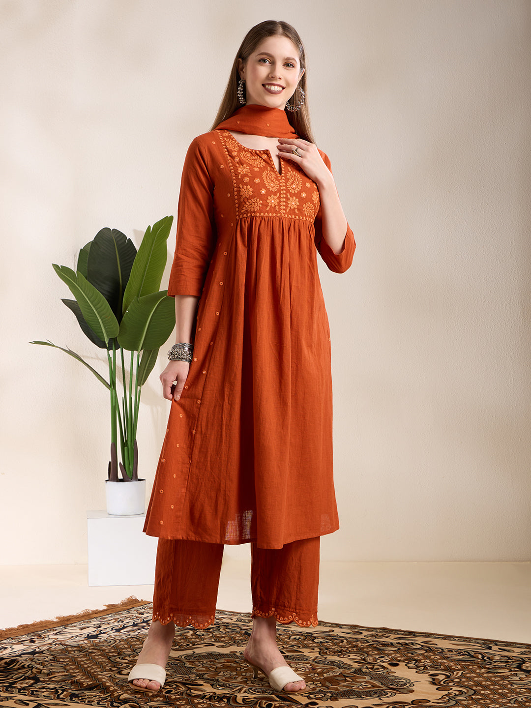Solid Floral Embroidered A-Line Pleated Kurta with Palazzo & Dupatta - Rust