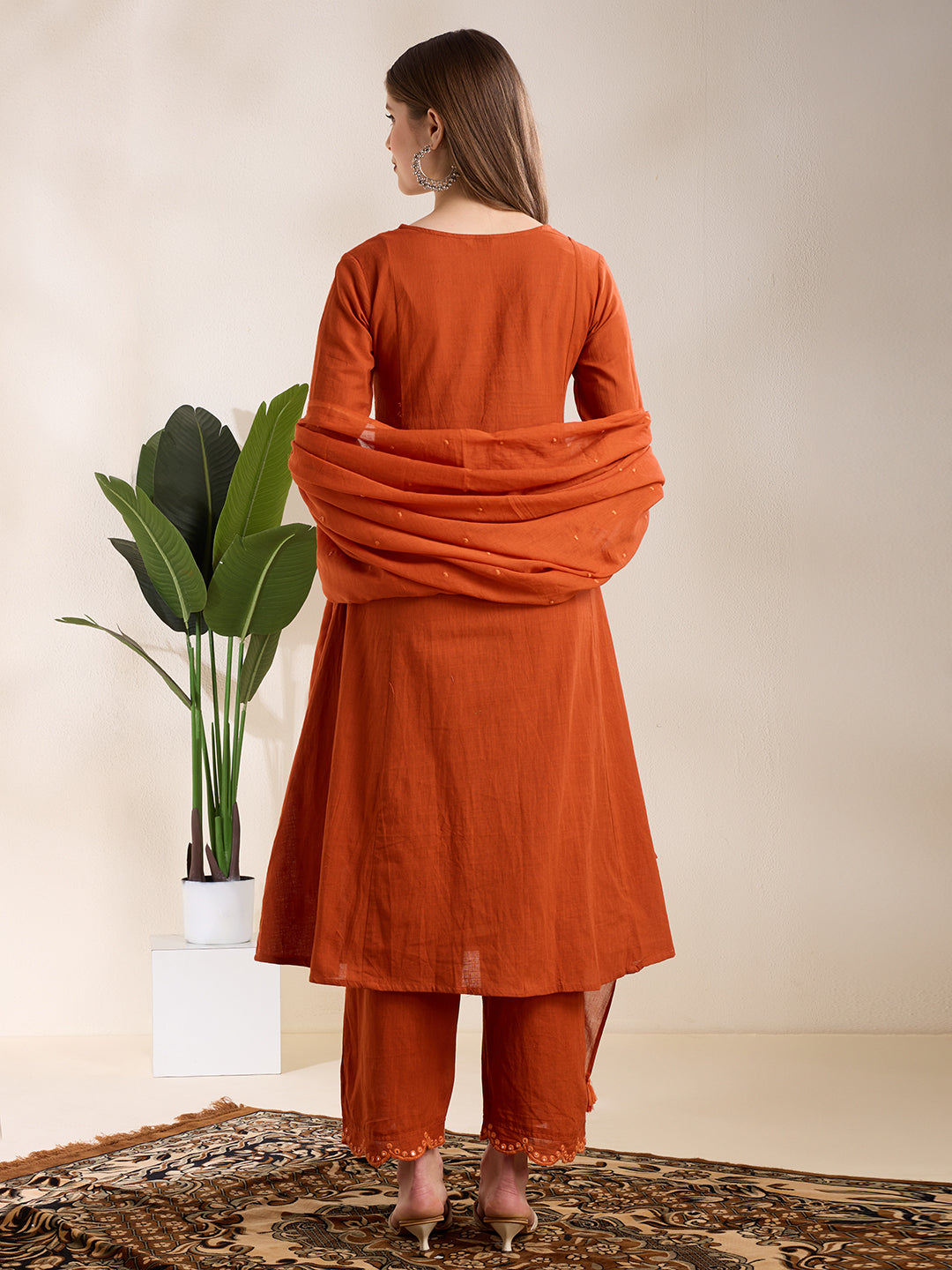 Solid Floral Embroidered A-Line Pleated Kurta with Palazzo & Dupatta - Rust