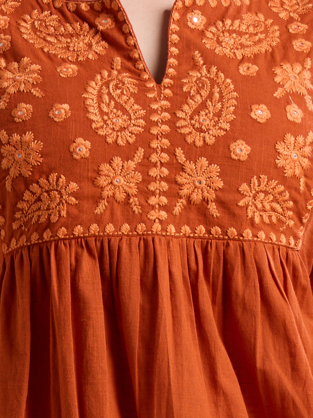 Solid Floral Embroidered A-Line Pleated Kurta with Palazzo & Dupatta - Rust