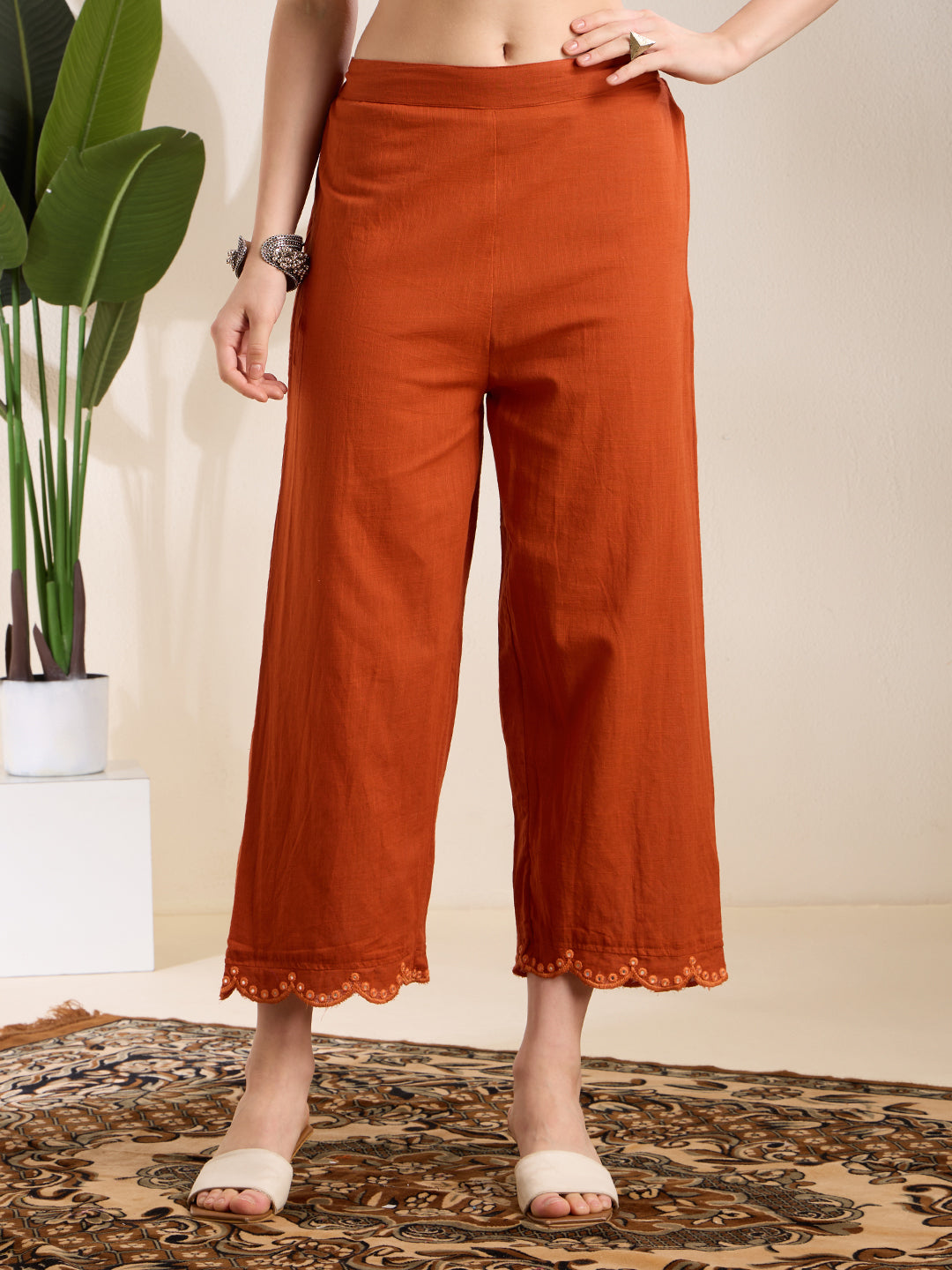 Solid Floral Embroidered A-Line Pleated Kurta with Palazzo & Dupatta - Rust