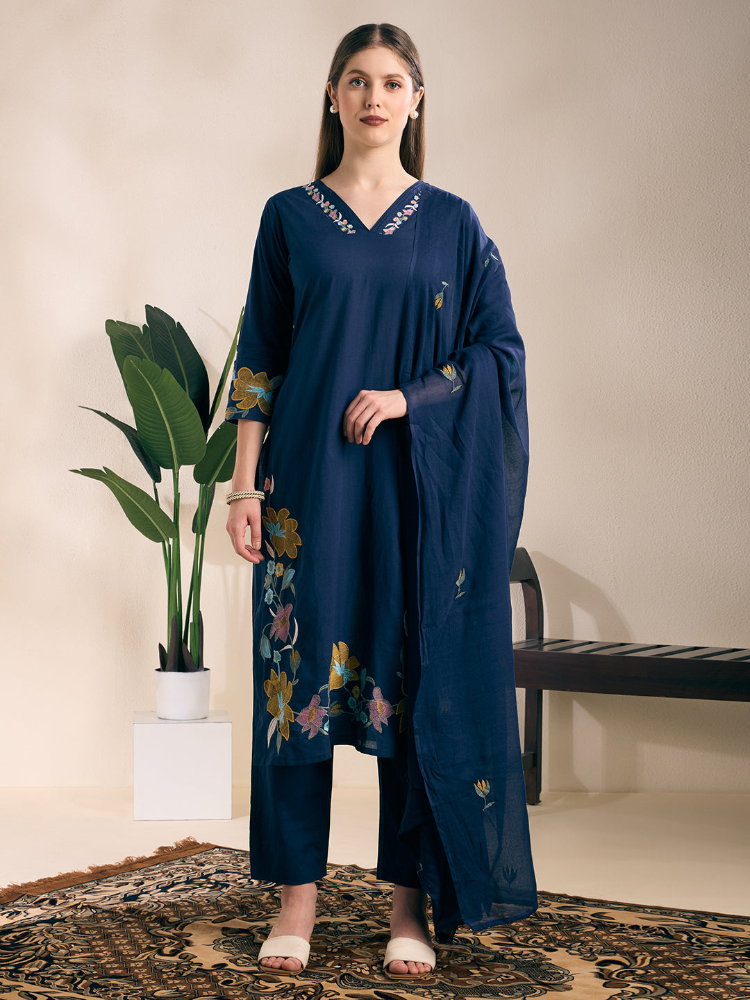 Solid Floral Embroidered Straight Kurta with Pant & Dupatta - Navy Blue