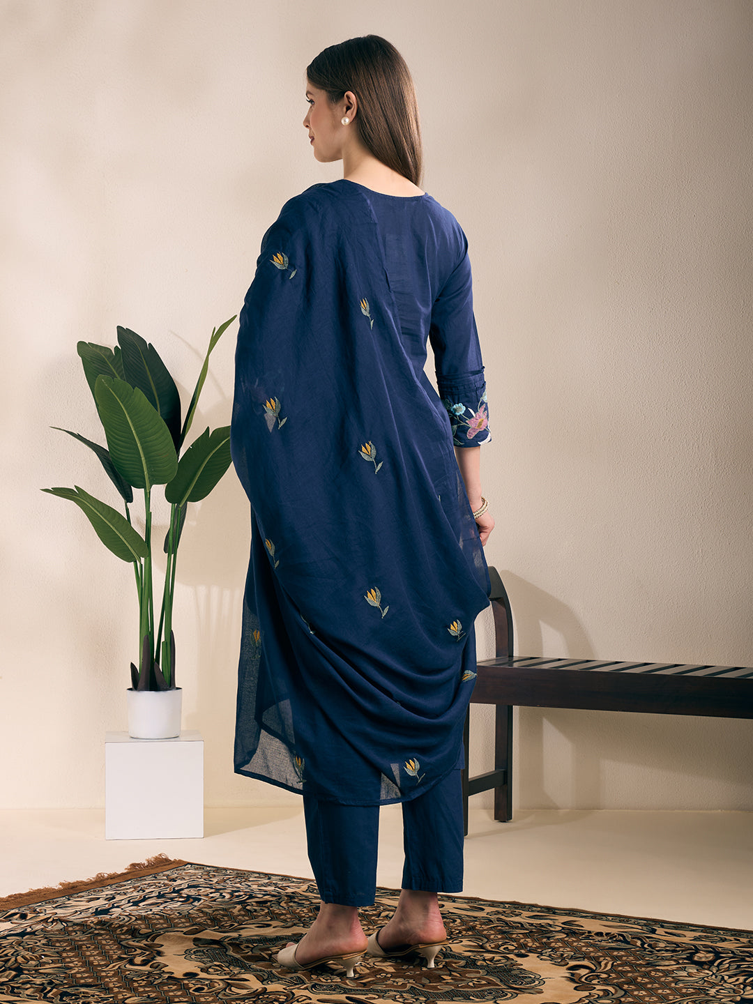 Solid Floral Embroidered Straight Kurta with Pant & Dupatta - Navy Blue