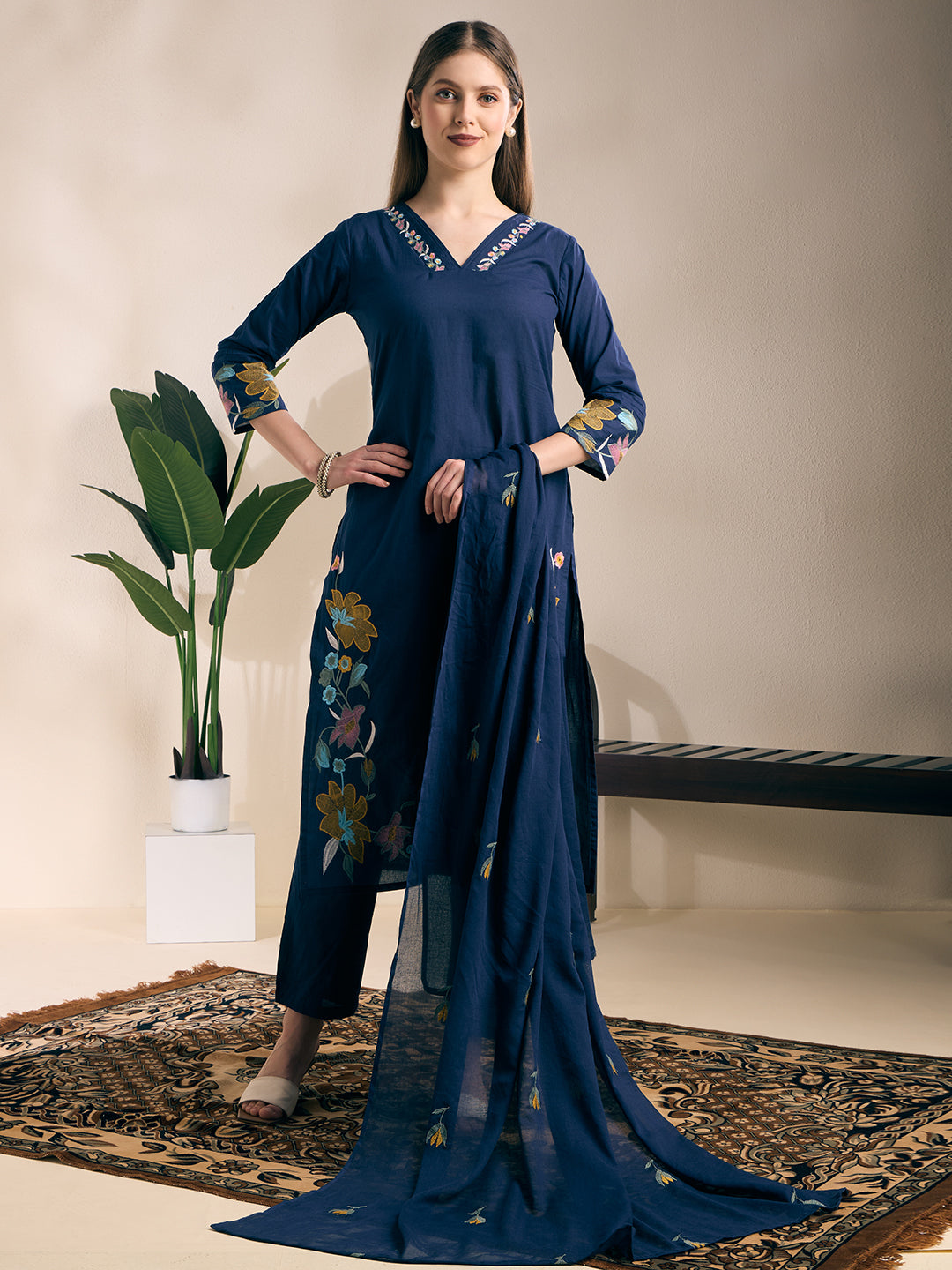 Solid Floral Embroidered Straight Kurta with Pant & Dupatta - Navy Blue