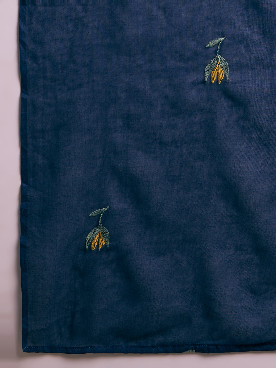 Solid Floral Embroidered Straight Kurta with Pant & Dupatta - Navy Blue