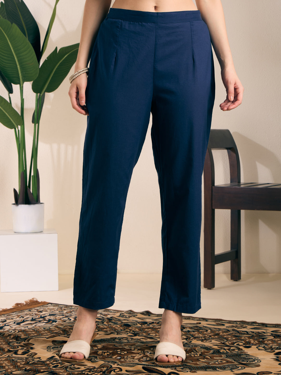 Solid Floral Embroidered Straight Kurta with Pant & Dupatta - Navy Blue