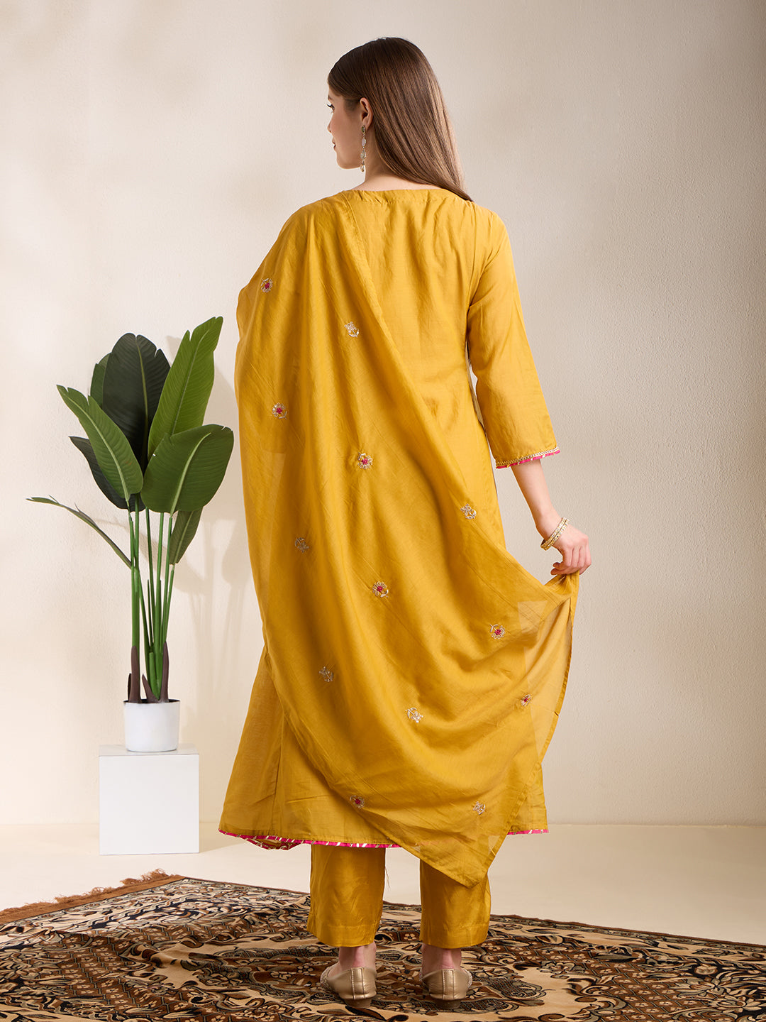 Festive Paisley Embroidered A-Line Kurta with Pant & Dupatta - Yellow