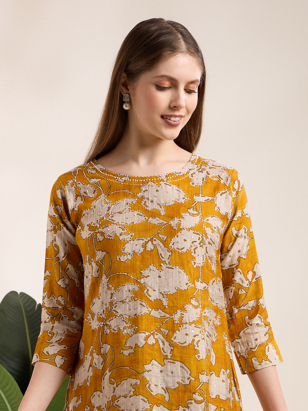 Abstract Floral Printed Straight Fit Kurta - Mustard