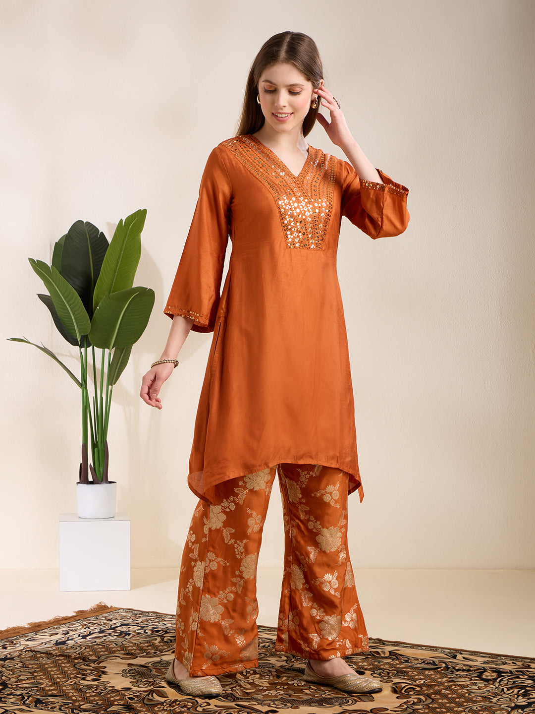 Solid Sequin Embroidered A-Line Kurta with Brocade Palazzo - Orange