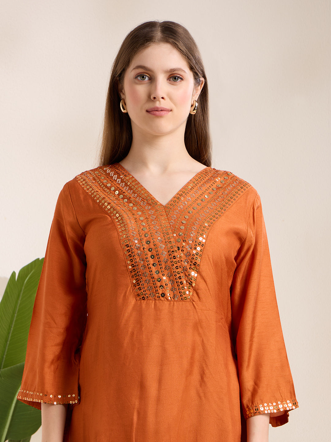 Solid Sequin Embroidered A-Line Kurta with Brocade Palazzo - Orange