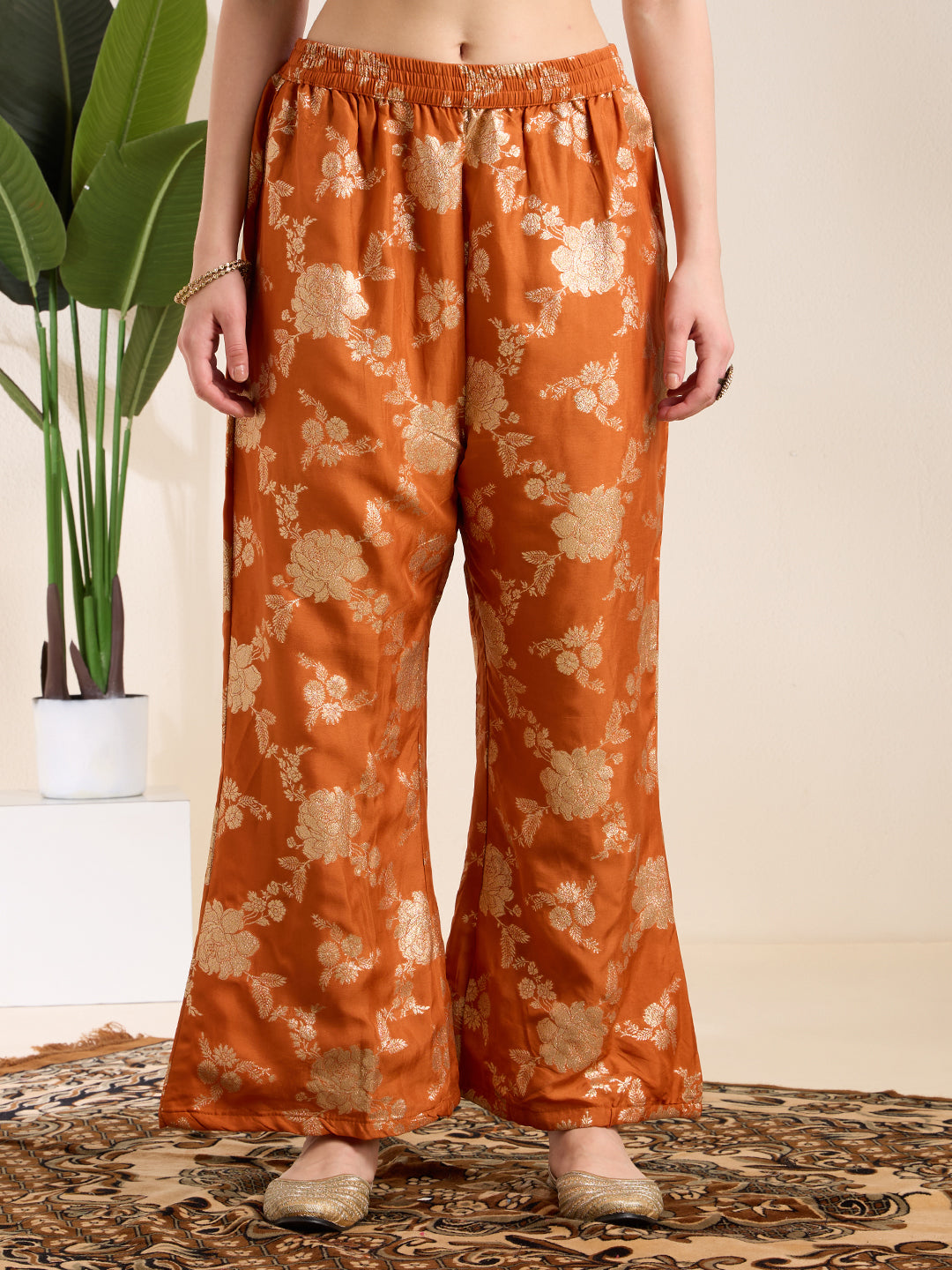 Solid Sequin Embroidered A-Line Kurta with Brocade Palazzo - Orange