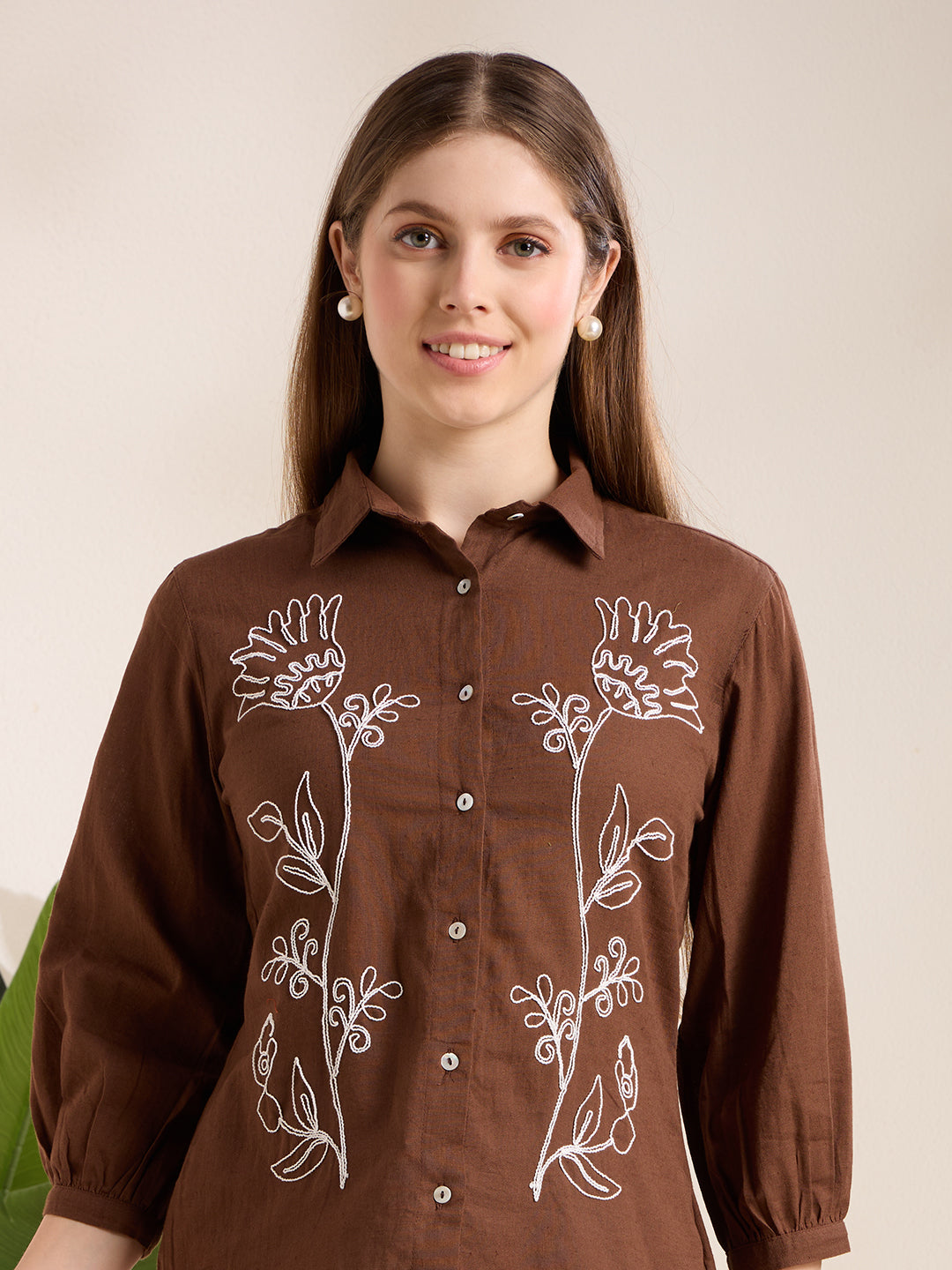 Solid Abstract Floral Straight Fit Shirt - Brown