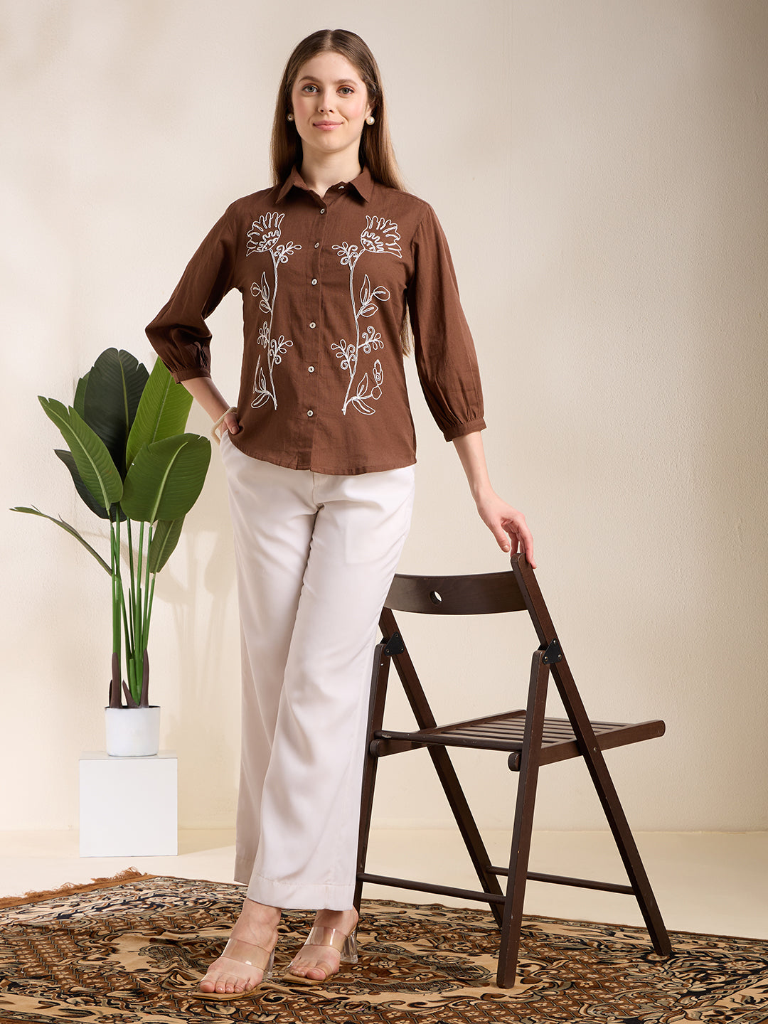 Solid Abstract Floral Straight Fit Shirt - Brown