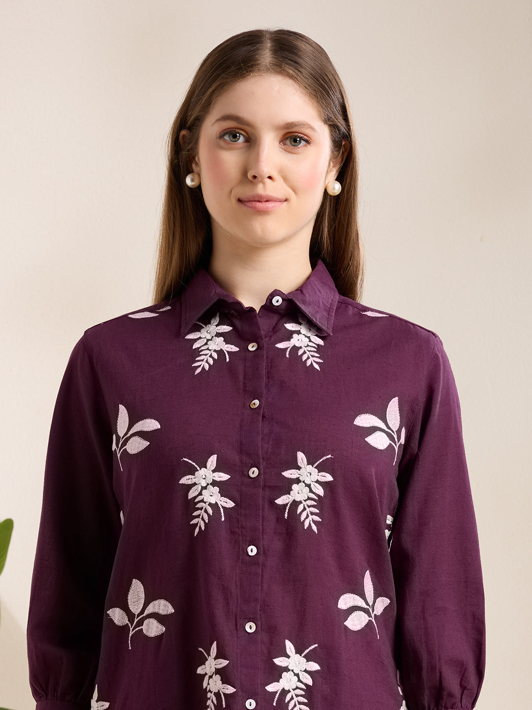 Solid Abstract Floral Straight Fit Shirt - Purple