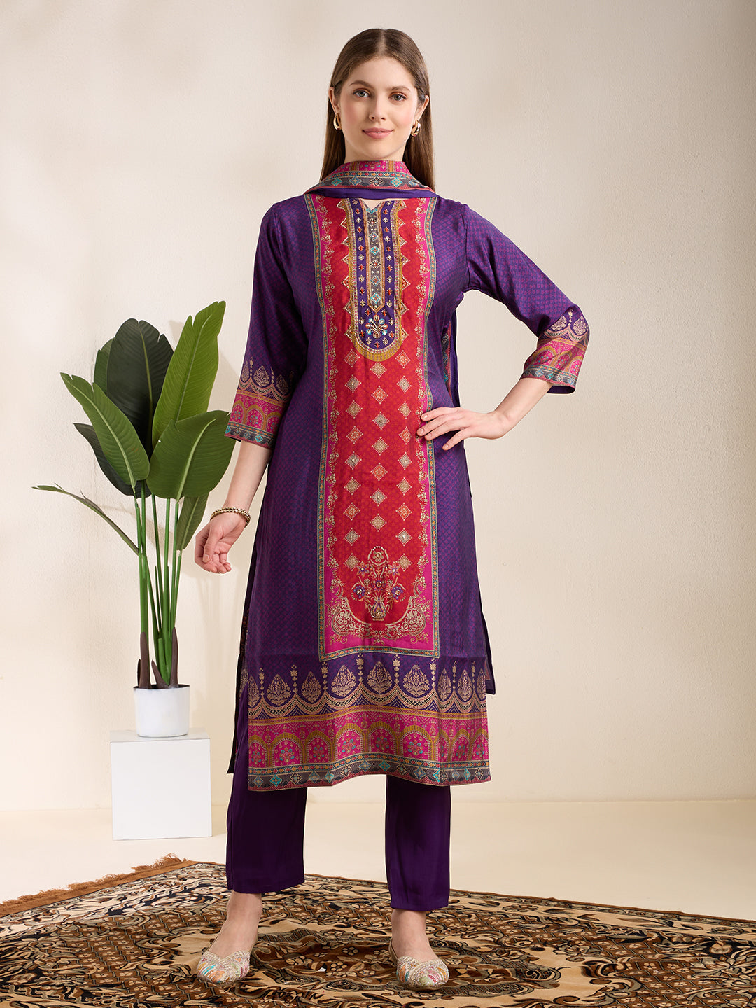 Ethnic Printed & Embroidered Straight Kurta with Pant & Dupatta - Purple