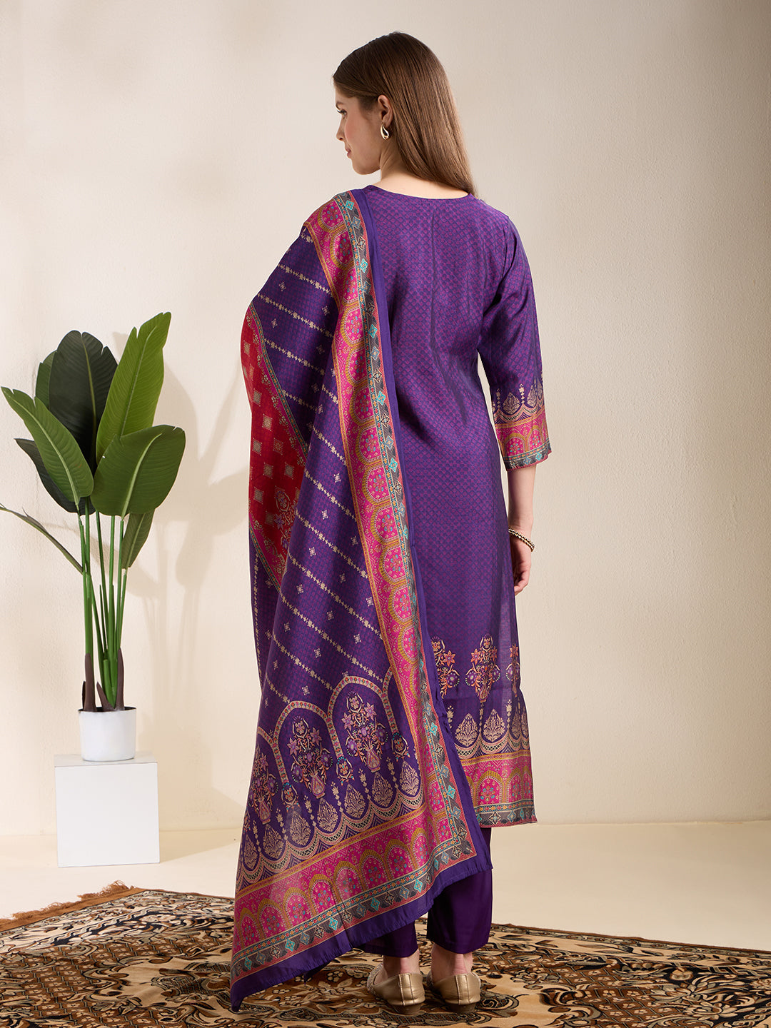 Ethnic Printed & Embroidered Straight Kurta with Pant & Dupatta - Purple