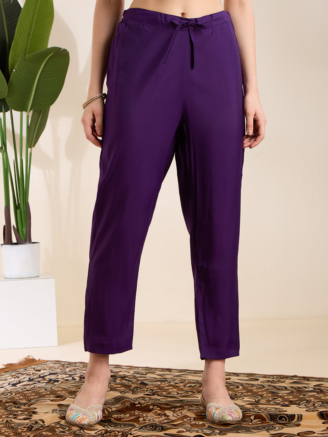 Ethnic Printed & Embroidered Straight Kurta with Pant & Dupatta - Purple