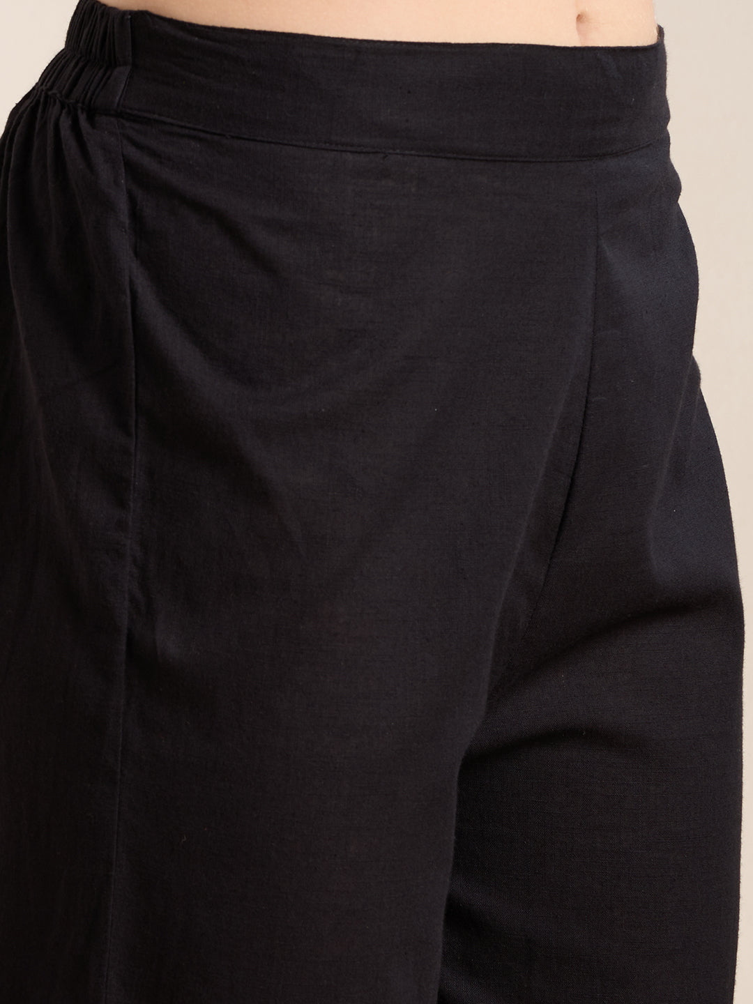 Solid Floral Embroidered A-Line Pleated Kurta with Palazzo & Dupatta - Black