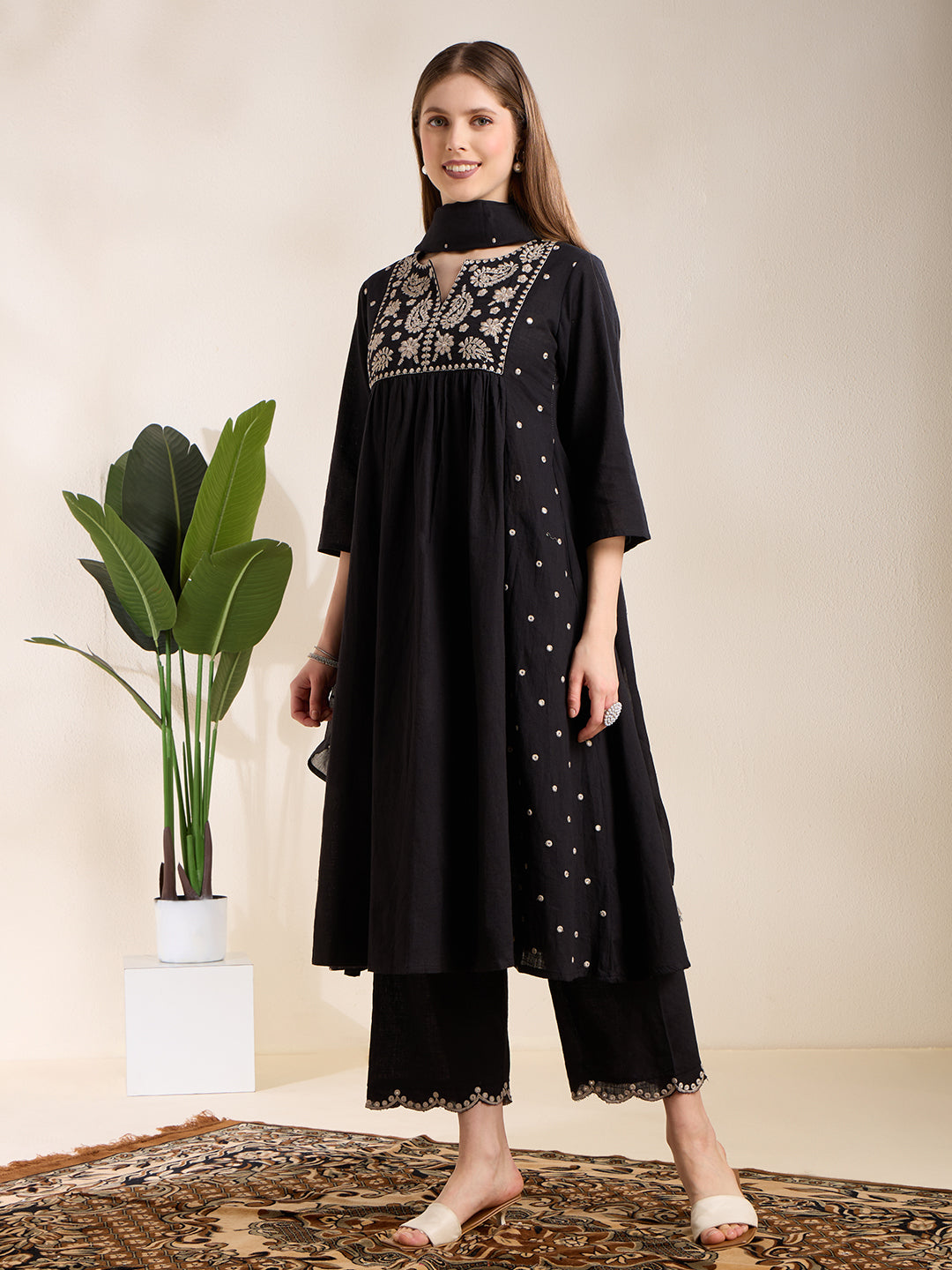 Solid Floral Embroidered A-Line Pleated Kurta with Palazzo & Dupatta - Black