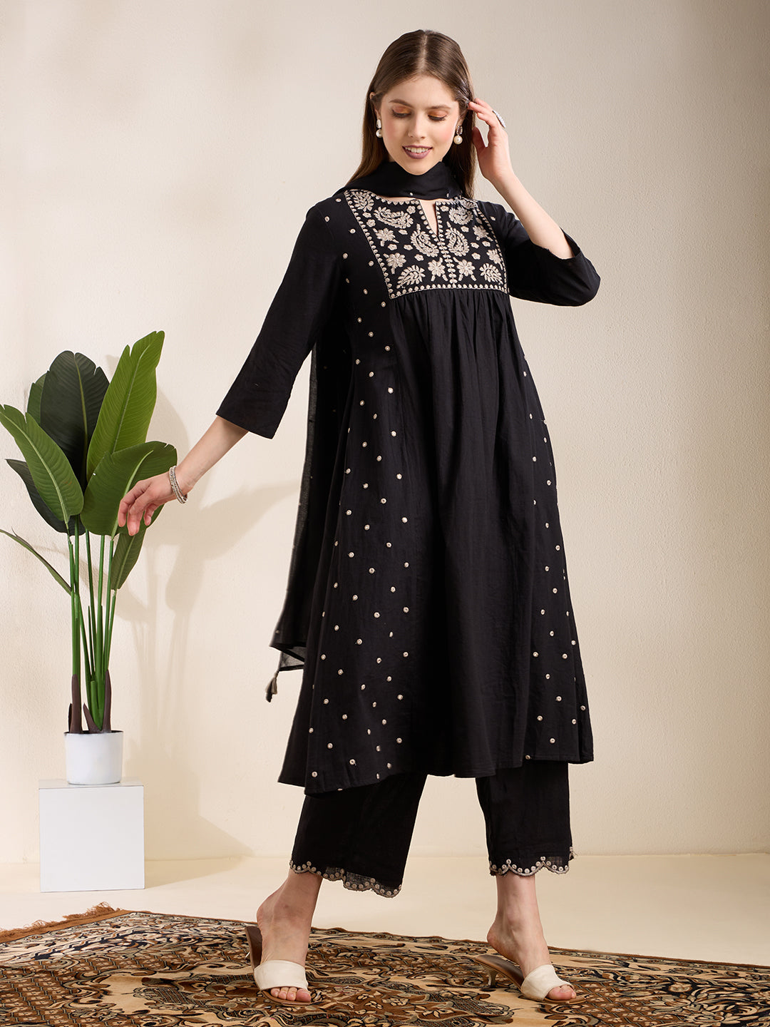 Solid Floral Embroidered A-Line Pleated Kurta with Palazzo & Dupatta - Black