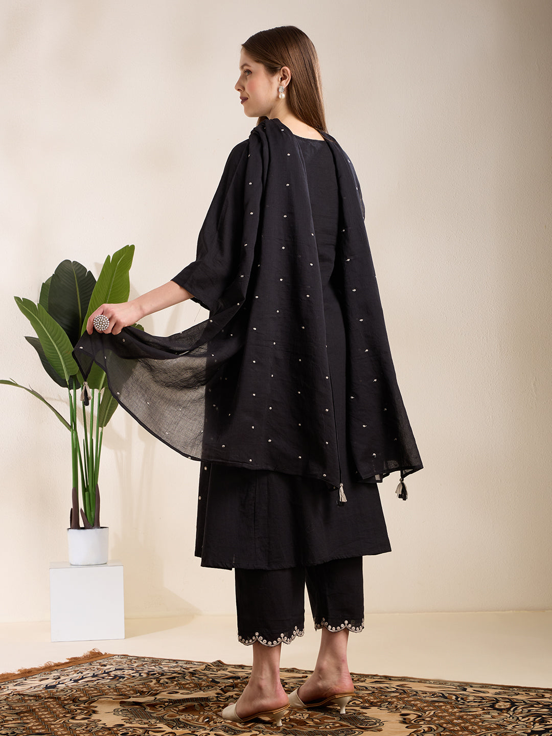 Solid Floral Embroidered A-Line Pleated Kurta with Palazzo & Dupatta - Black