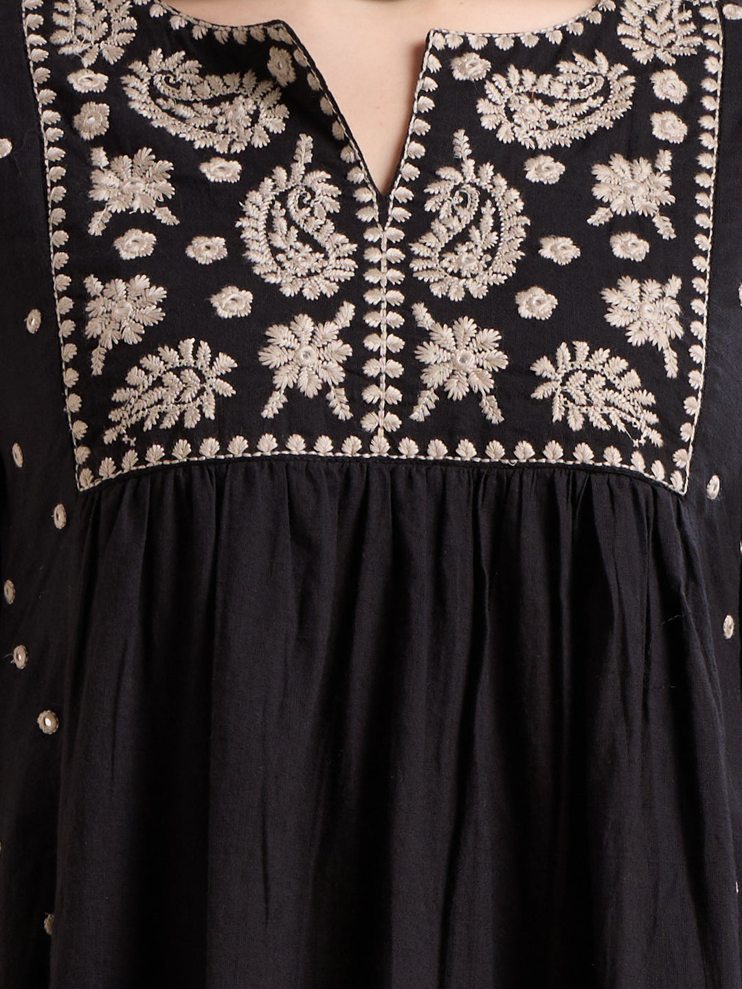 Solid Floral Embroidered A-Line Pleated Kurta with Palazzo & Dupatta - Black