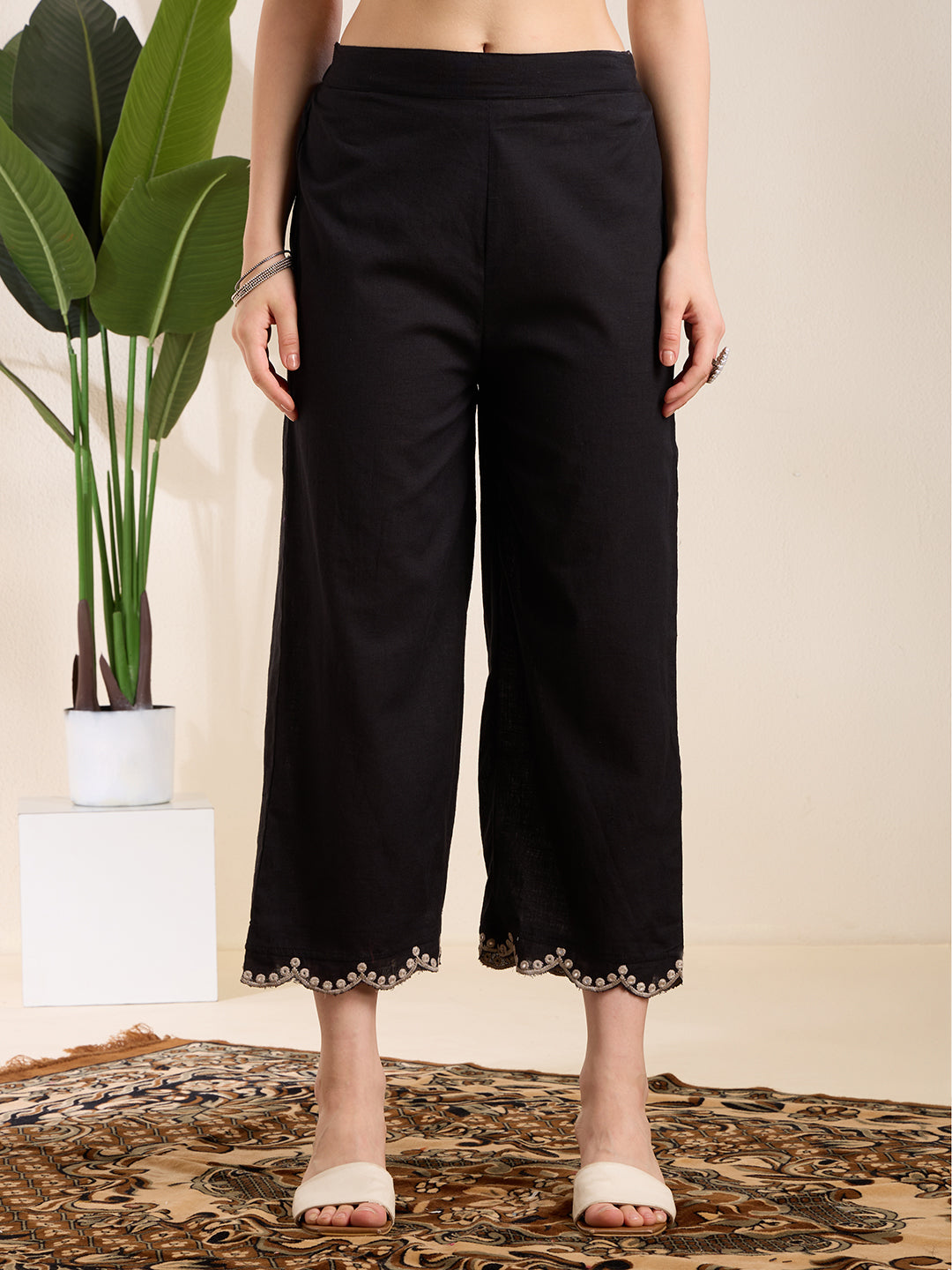 Solid Floral Embroidered A-Line Pleated Kurta with Palazzo & Dupatta - Black