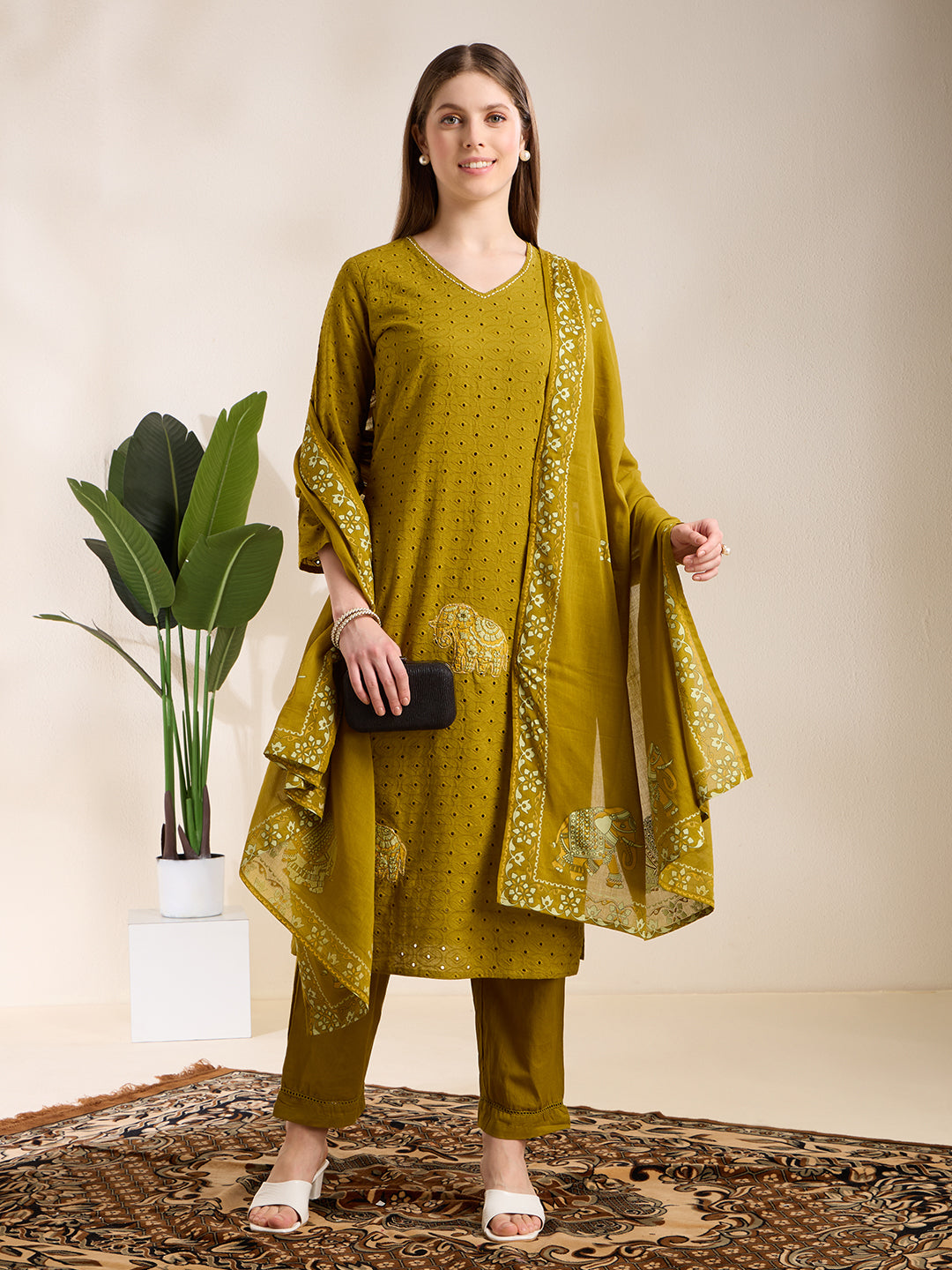 Solid Elephant Work Embroidered Straight Kurta with Palazzo & Dupatta - Green